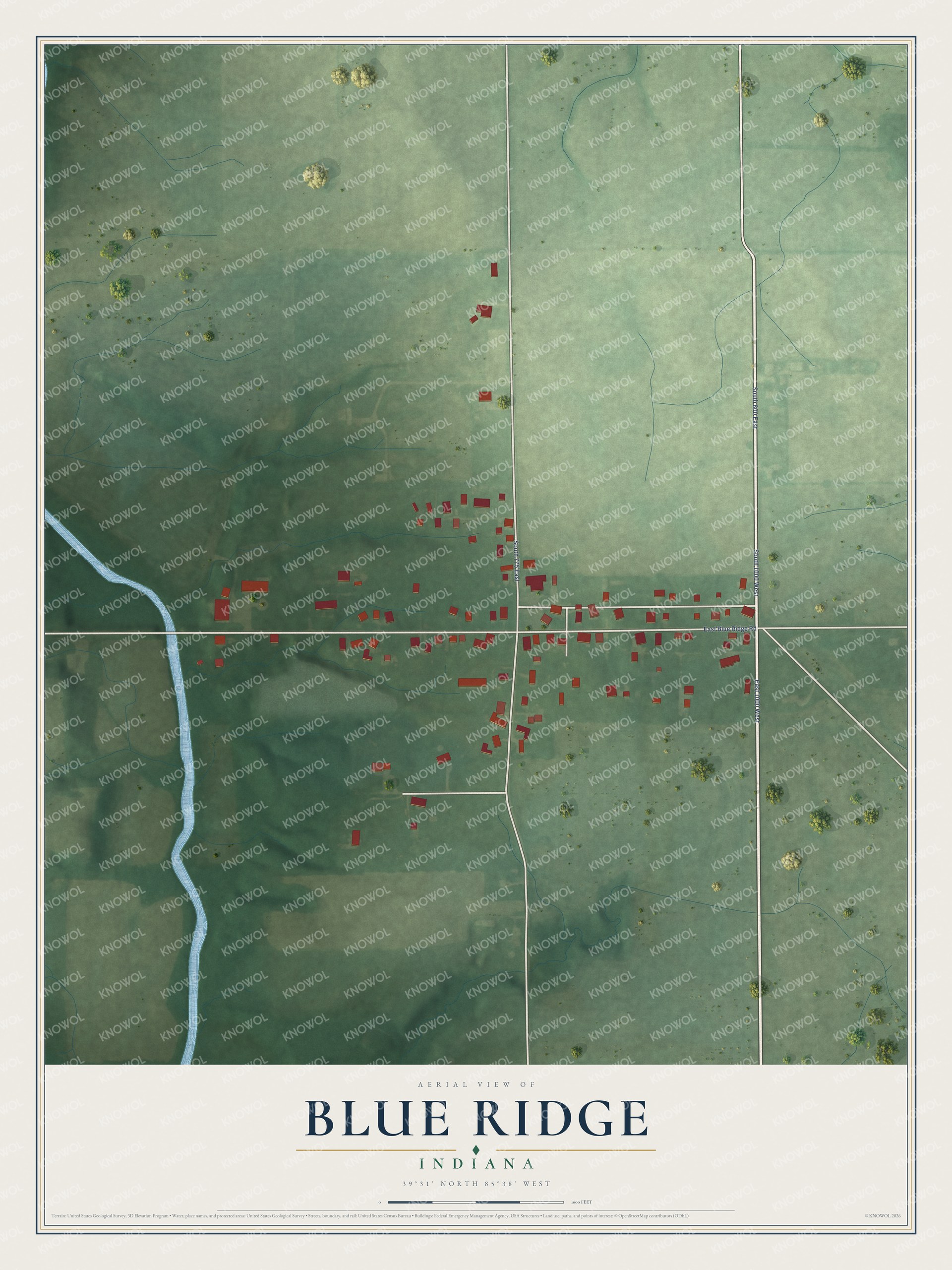 Full map of Blue Ridge, Indiana, with red buildings, printed street names and the land around them