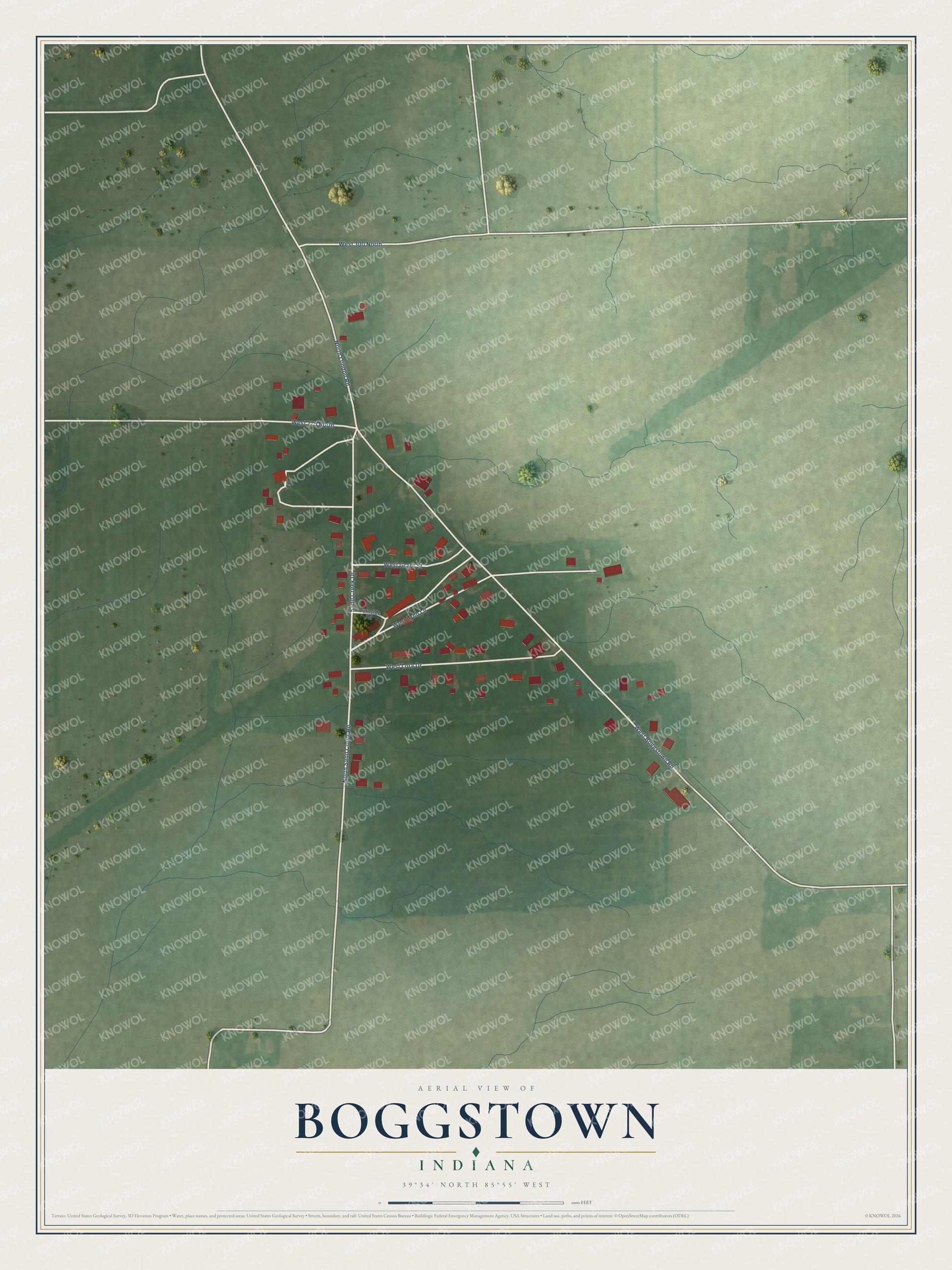 Full map of Boggstown, Indiana, with red buildings, printed street names and the land around them