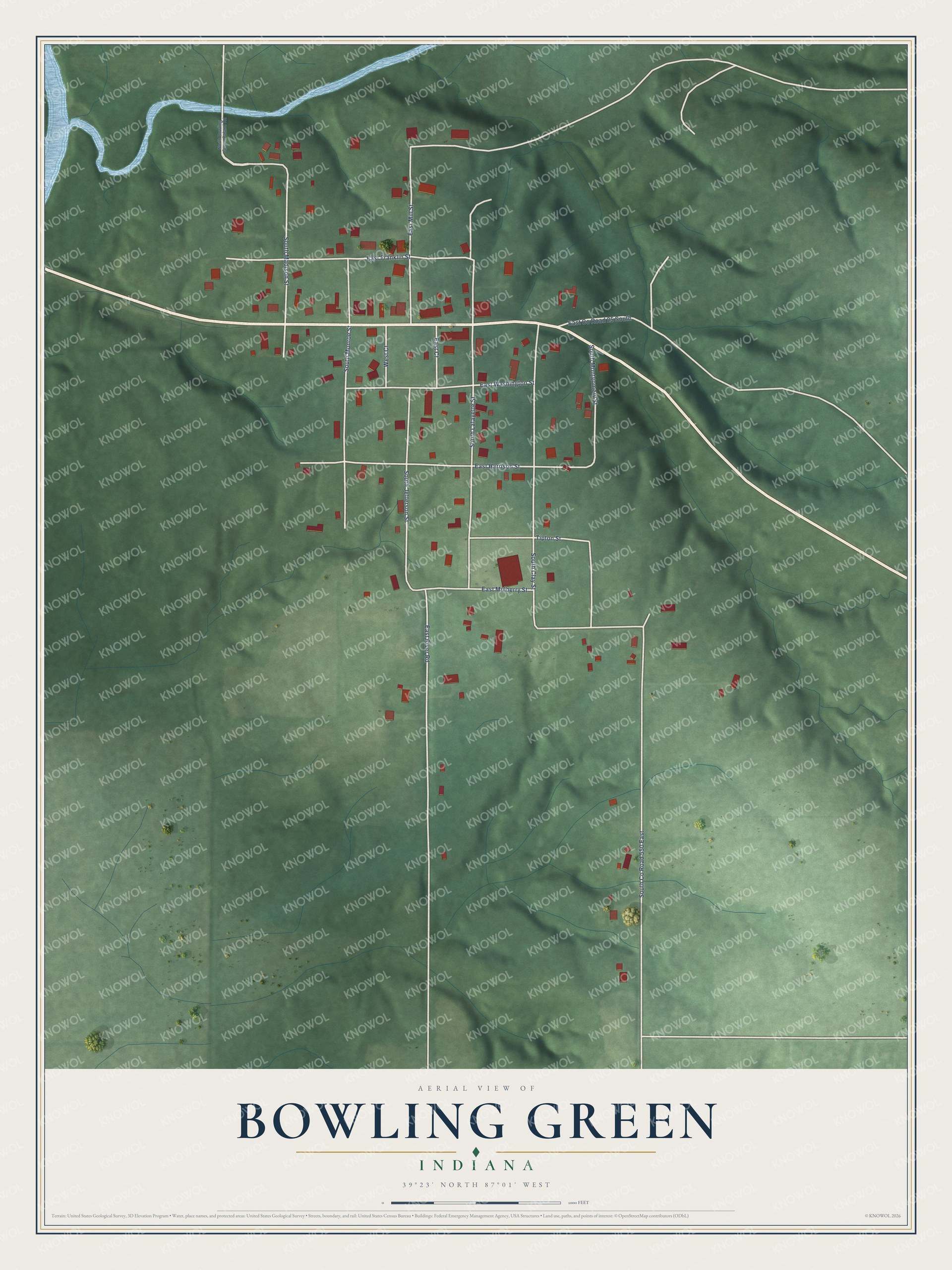 Full map of Bowling Green, Indiana, with red buildings, printed street names and the land around them
