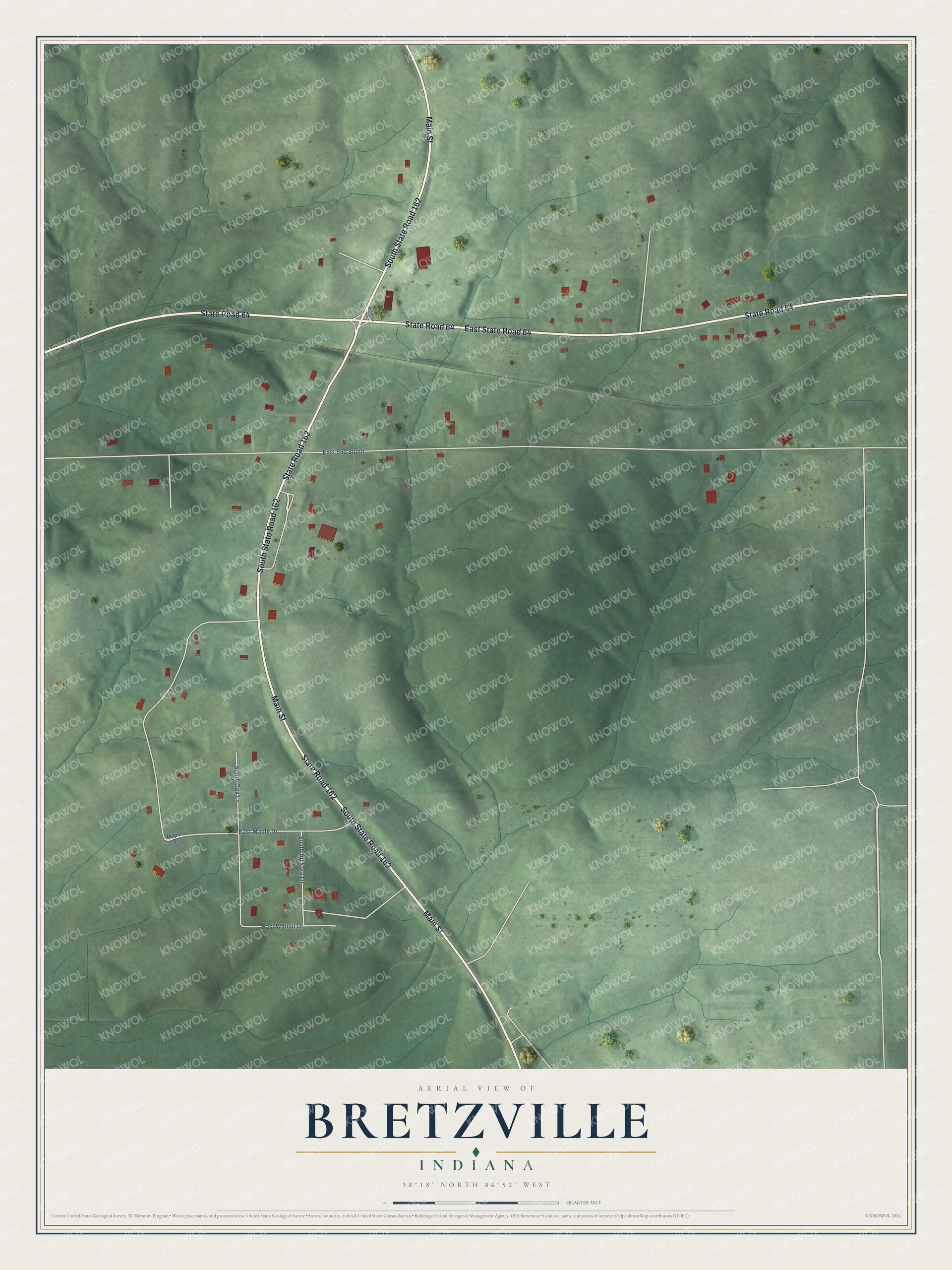 Full map of Bretzville, Indiana, with red buildings, printed street names and the land around them