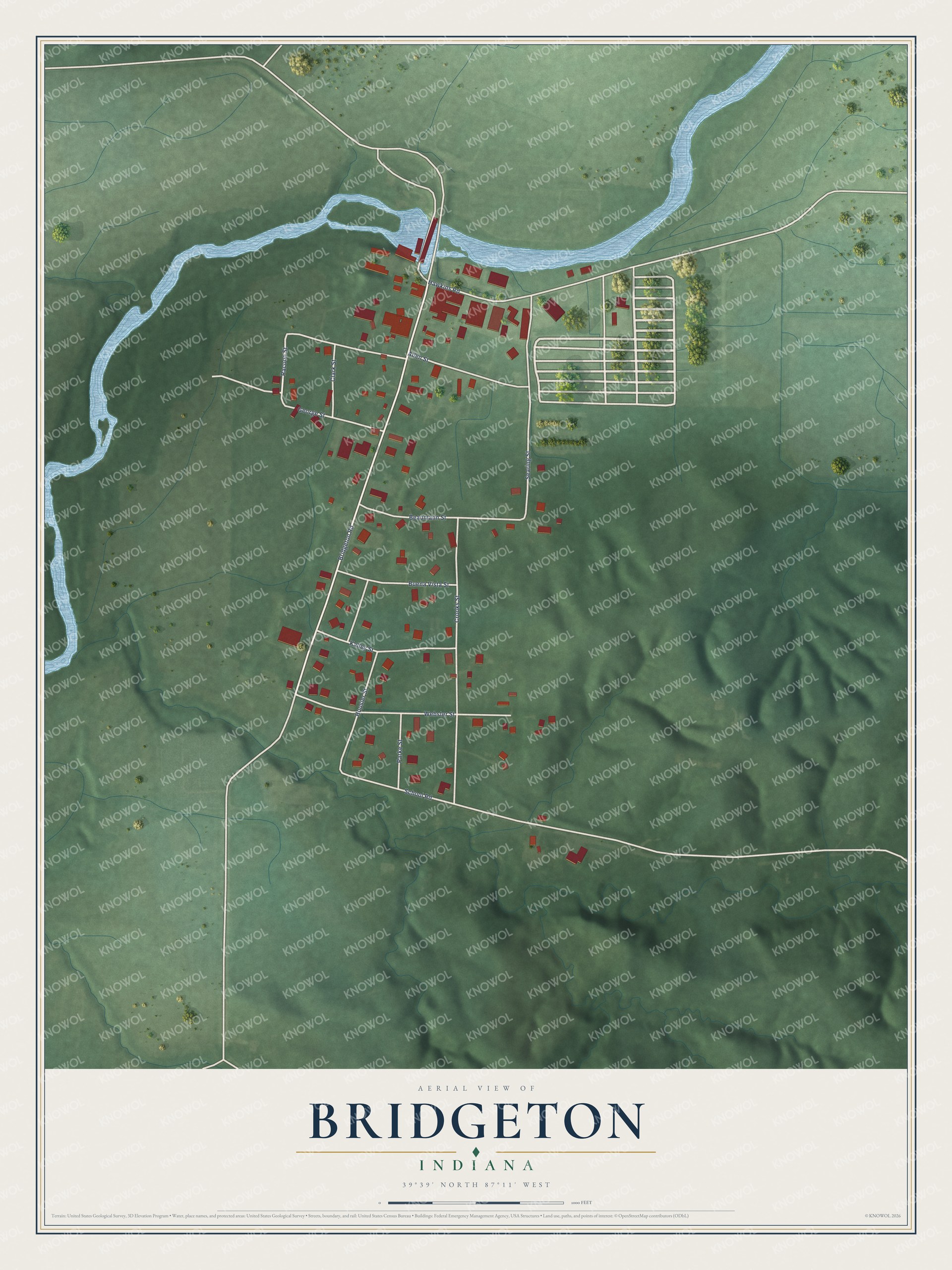 Full map of Bridgeton, Indiana, with red buildings, printed street names and the land around them