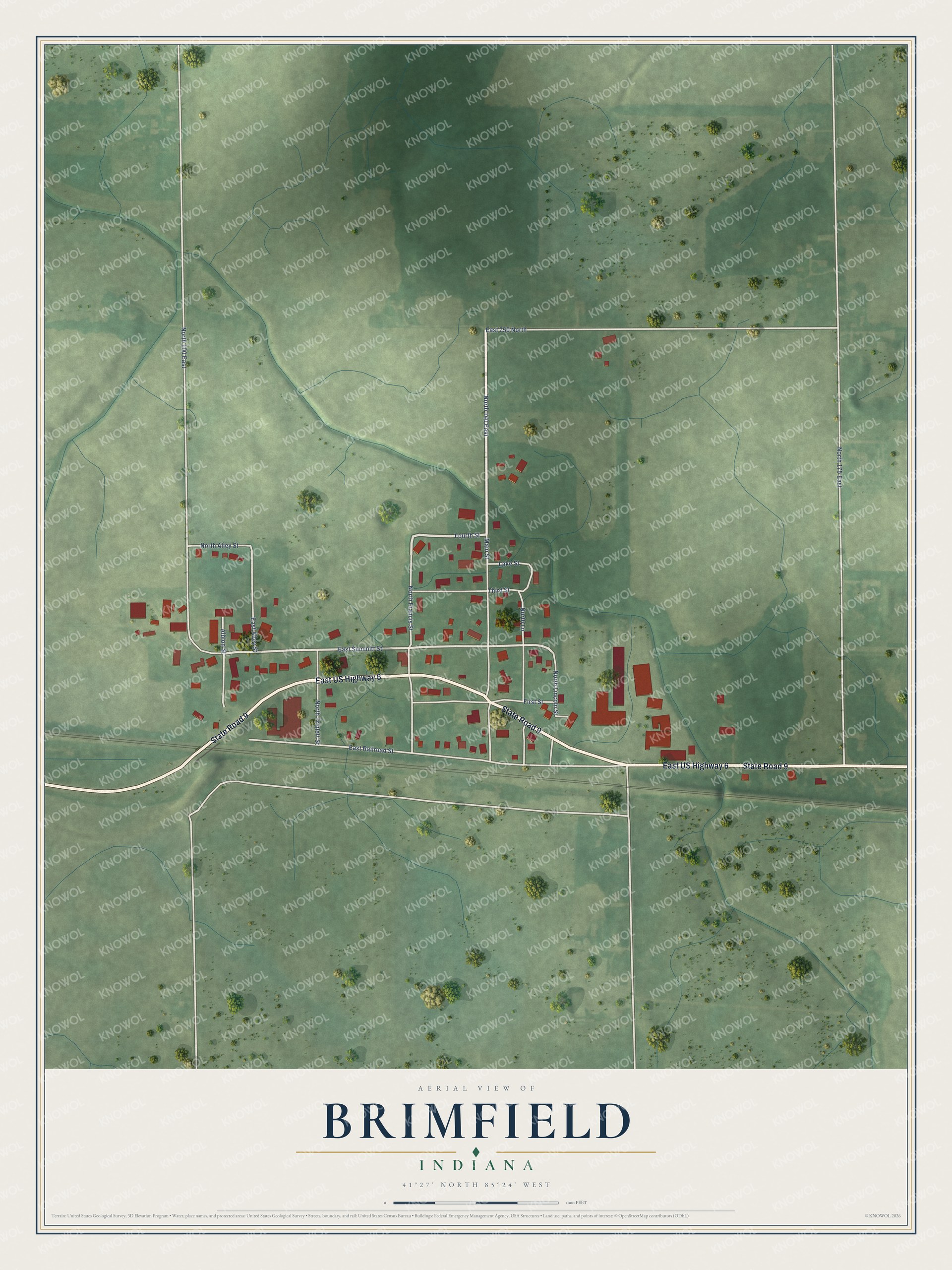 Full map of Brimfield, Indiana, with red buildings, printed street names and the land around them
