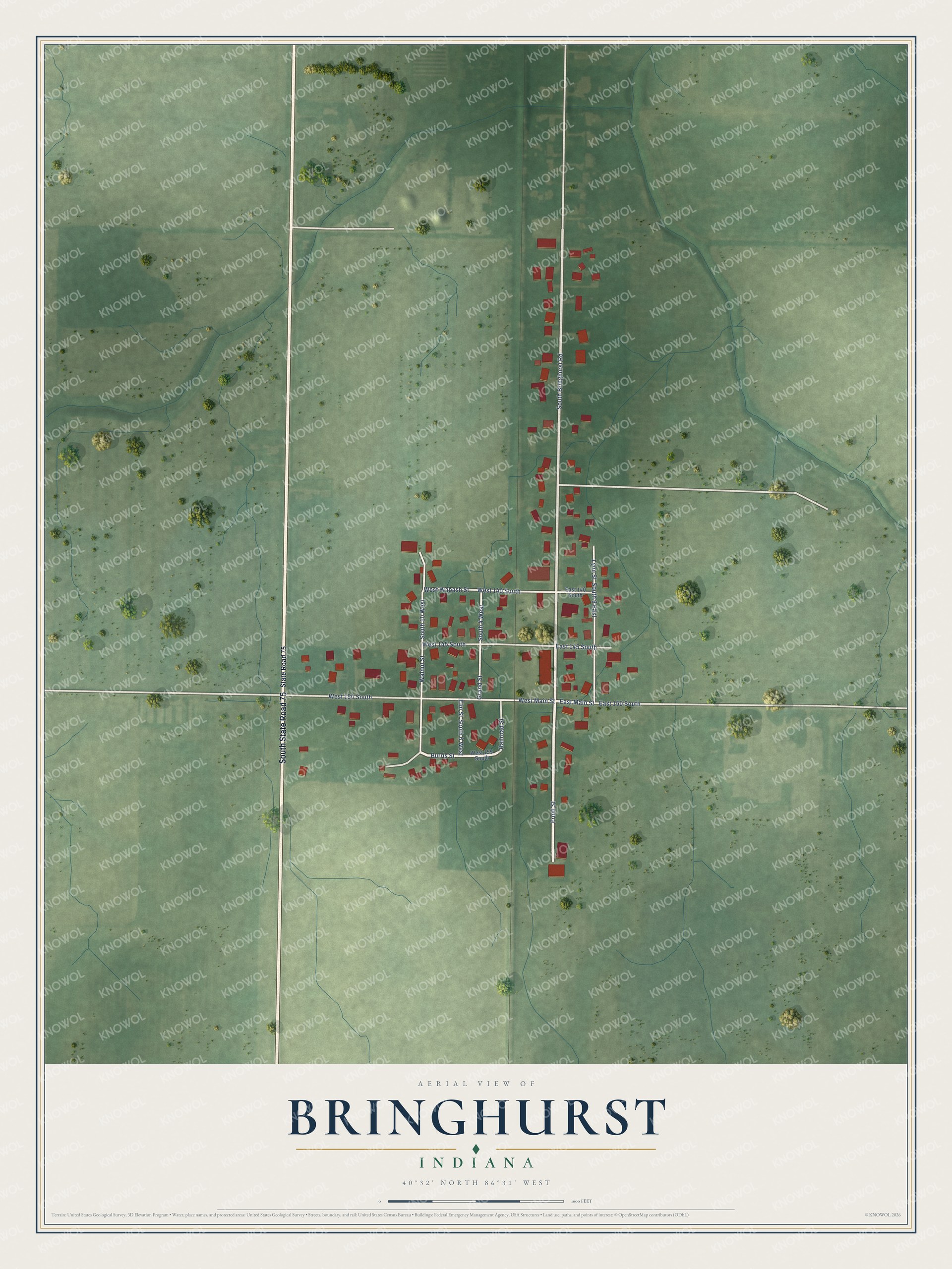 Full map of Bringhurst, Indiana, with red buildings, printed street names and the land around them