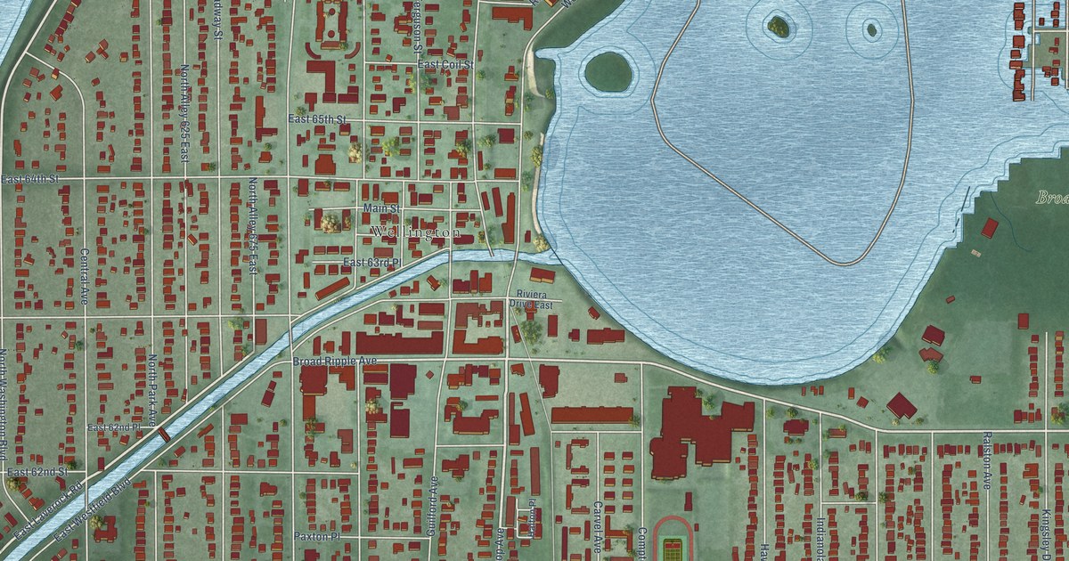 Close-up of streets and buildings in Broad Ripple, Indiana