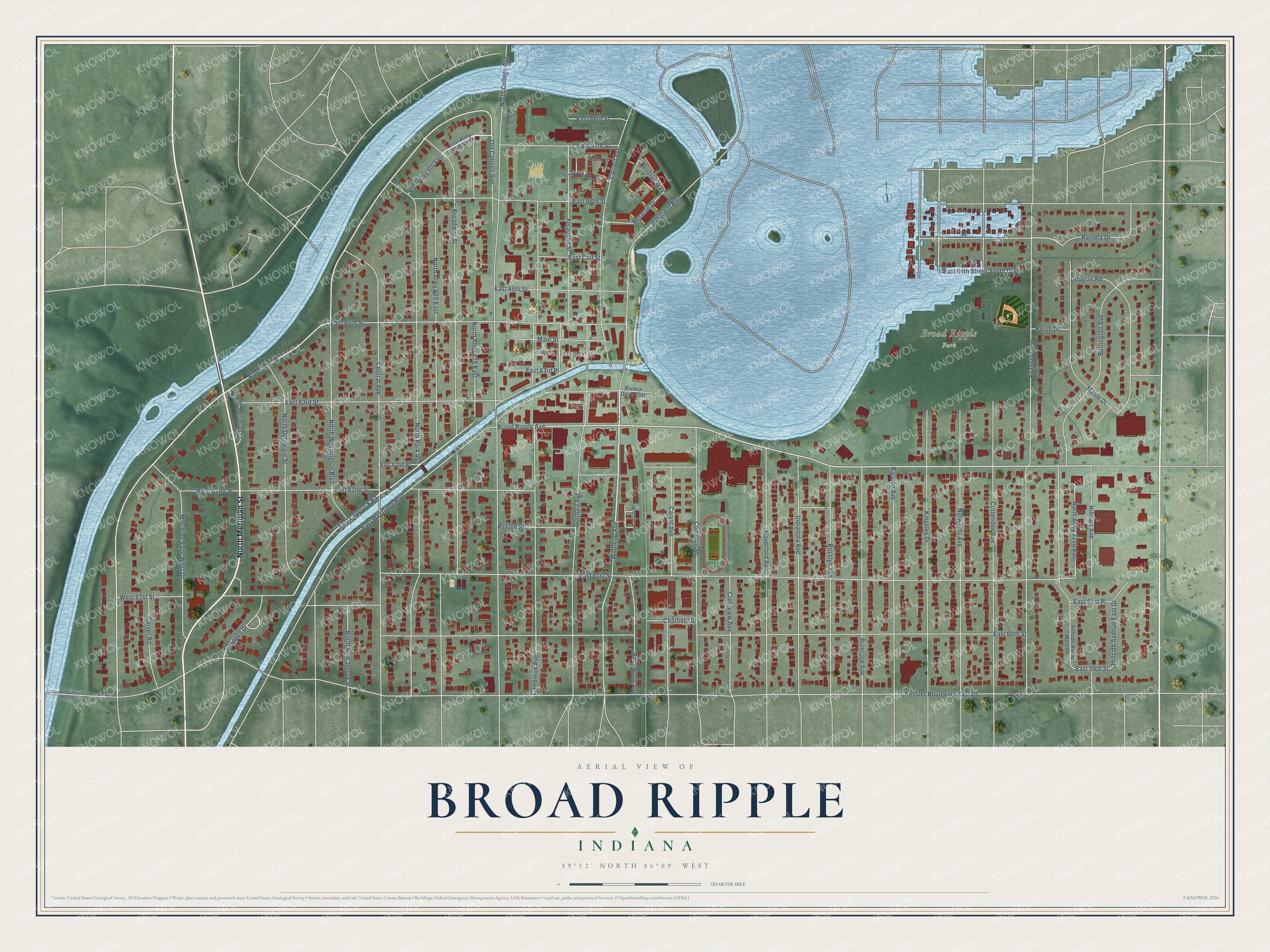 Full map of Broad Ripple, Indiana, with red buildings, printed street names and the land around them