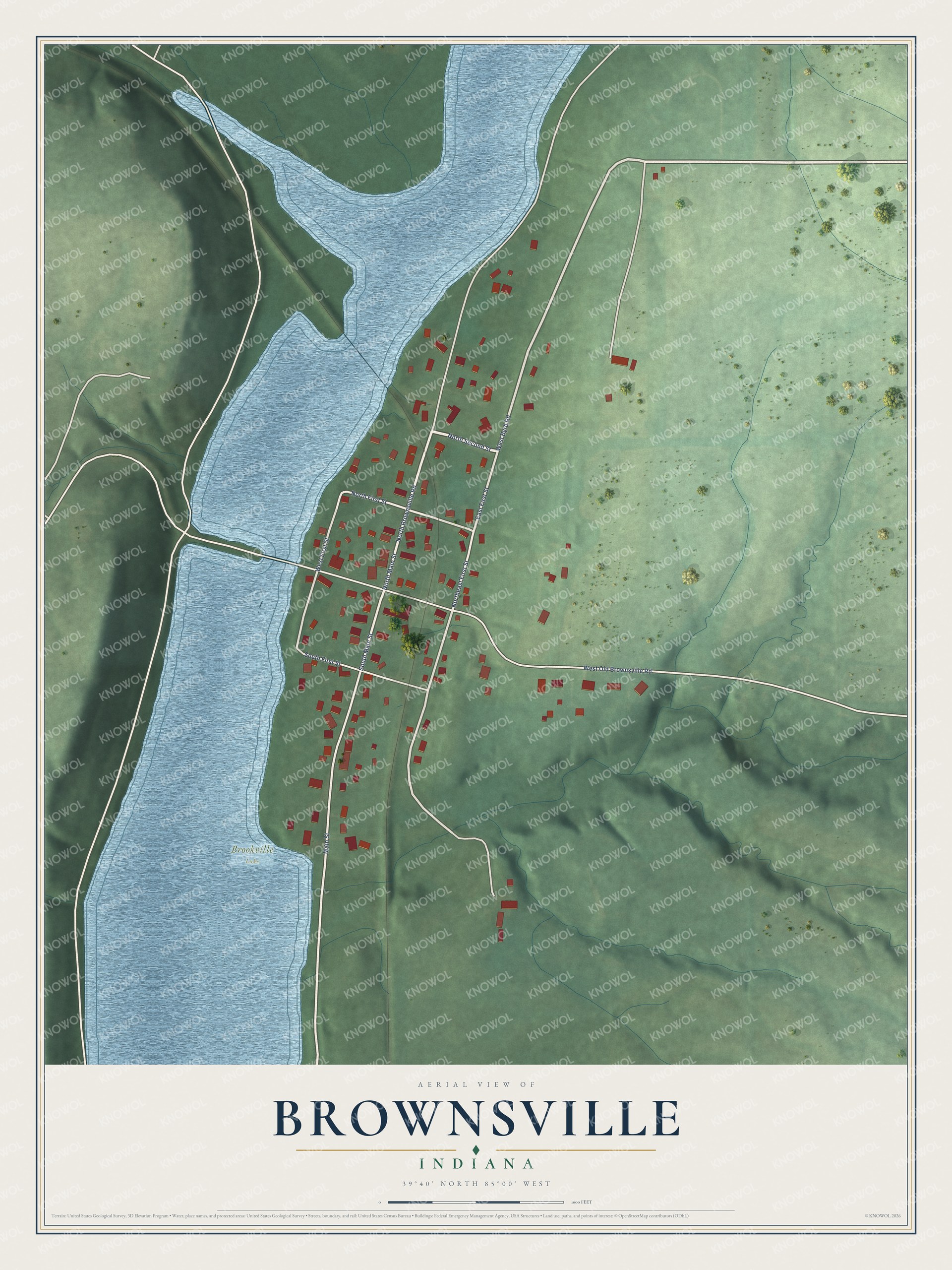 Full map of Brownsville, Indiana, with red buildings, printed street names and the land around them