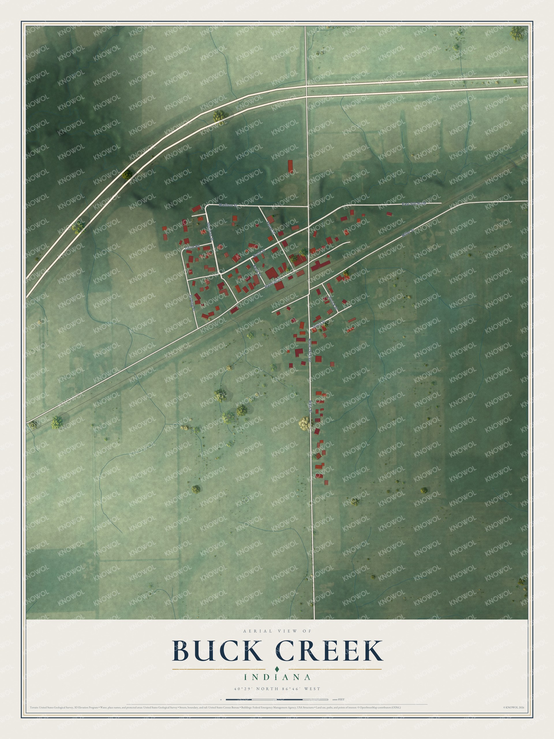 Full map of Buck Creek, Indiana, with red buildings, printed street names and the land around them