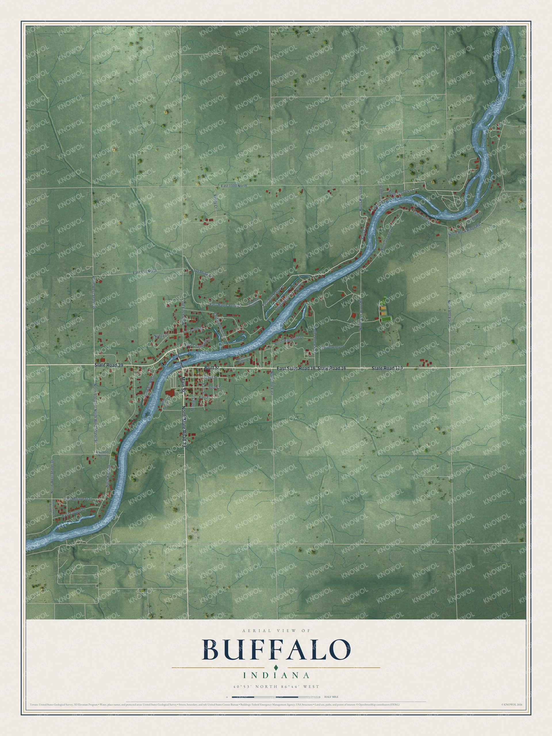 Full map of Buffalo, Indiana, with red buildings, printed street names and the land around them