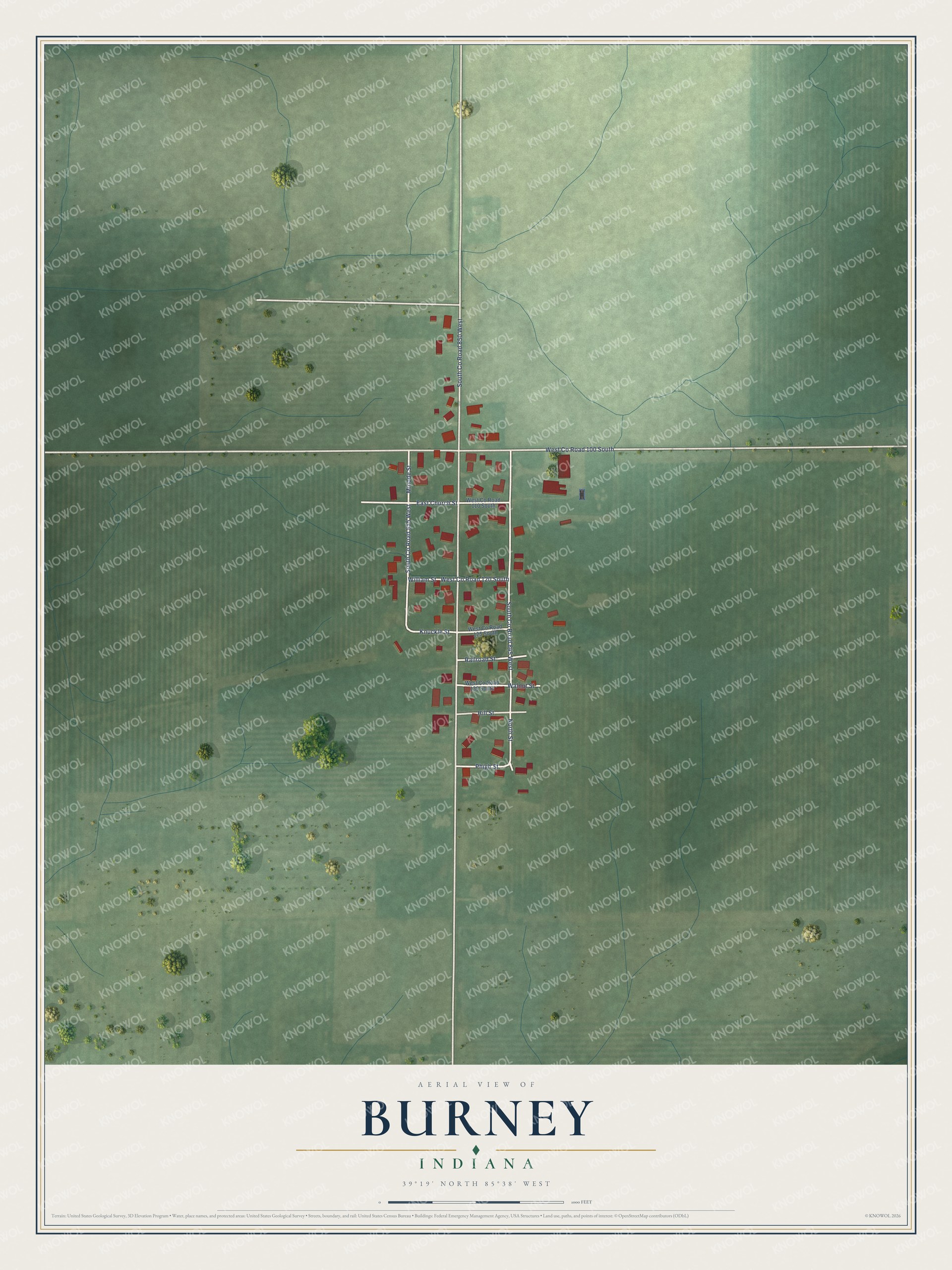 Full map of Burney, Indiana, with red buildings, printed street names and the land around them