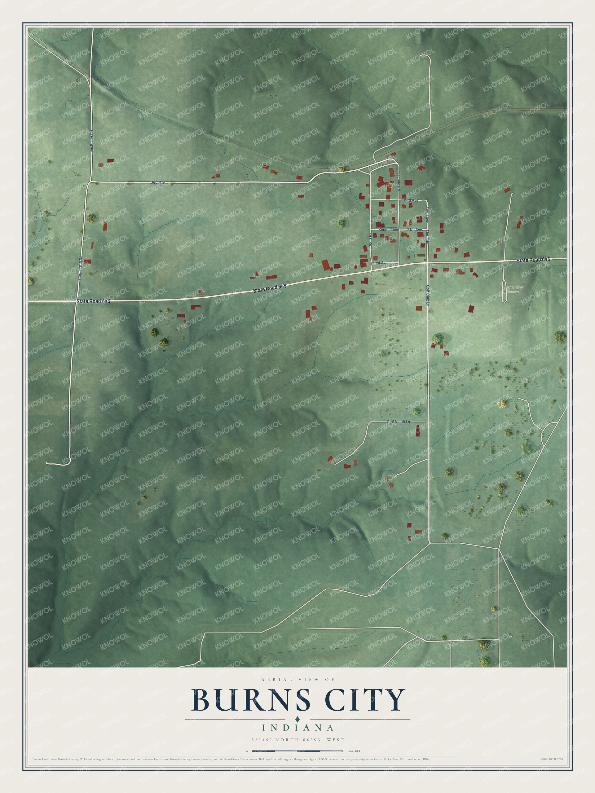 Full map of Burns City, Indiana, with red buildings, printed street names and the land around them