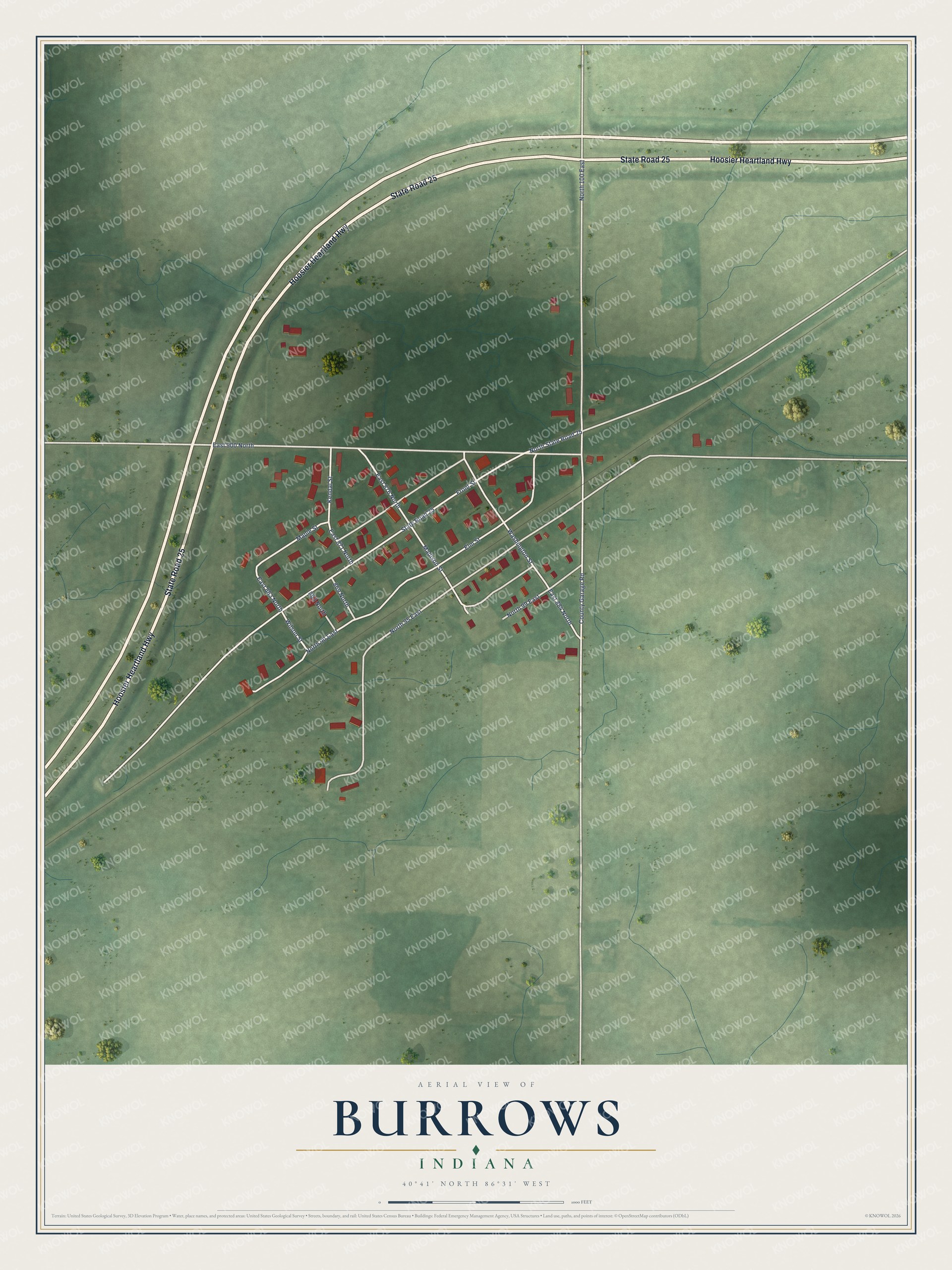 Full map of Burrows, Indiana, with red buildings, printed street names and the land around them