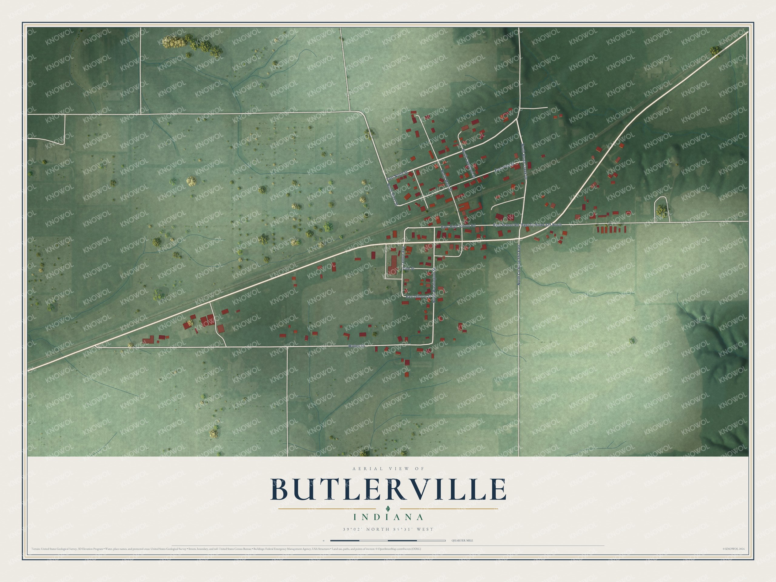 Full map of Butlerville, Indiana, with red buildings, printed street names and the land around them