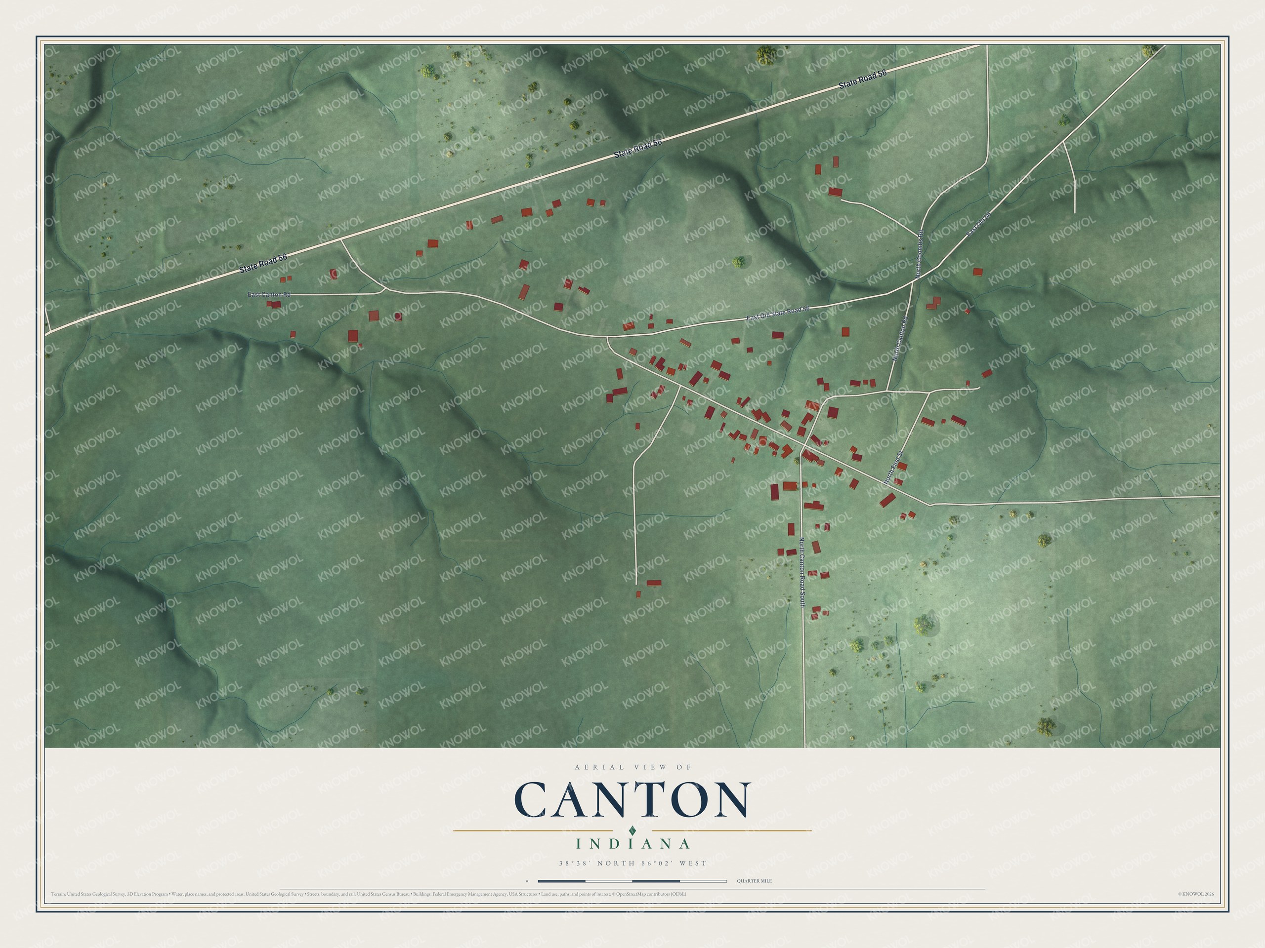 Full map of Canton, Indiana, with red buildings, printed street names and the land around them