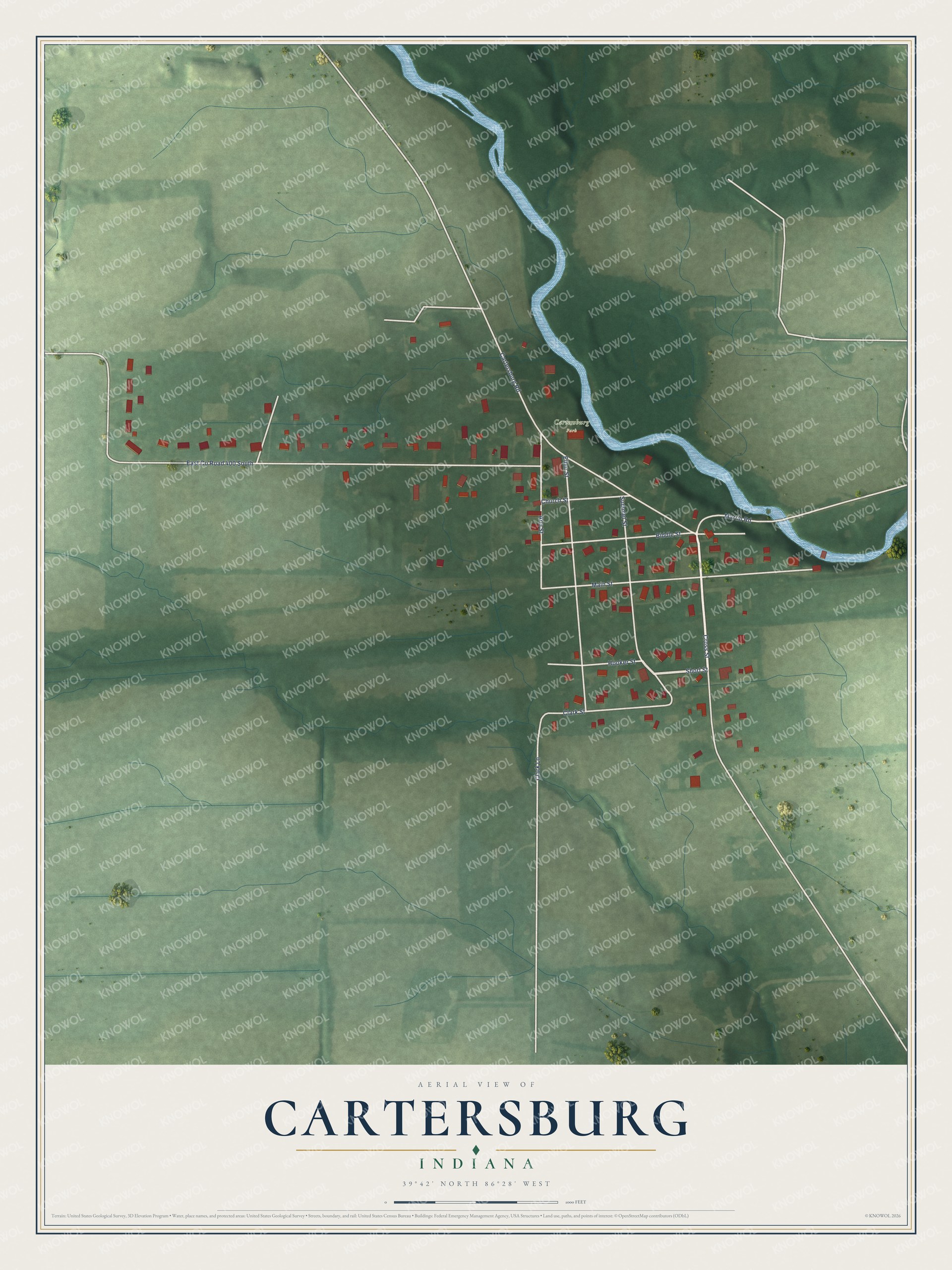 Full map of Cartersburg, Indiana, with red buildings, printed street names and the land around them