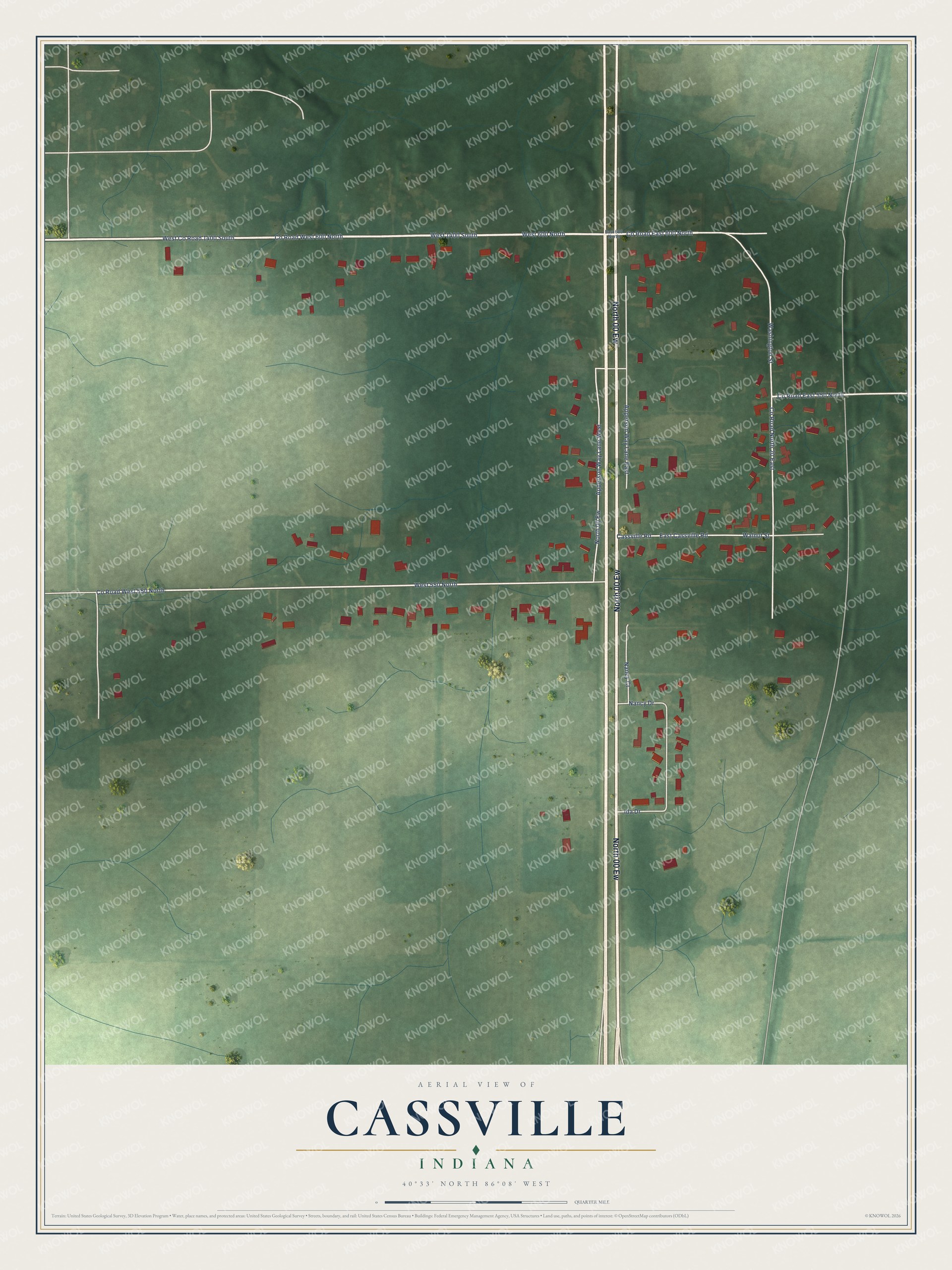 Full map of Cassville, Indiana, with red buildings, printed street names and the land around them