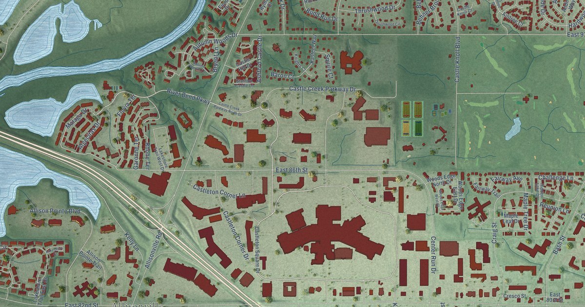 Close-up of streets and buildings in Castleton, Indiana