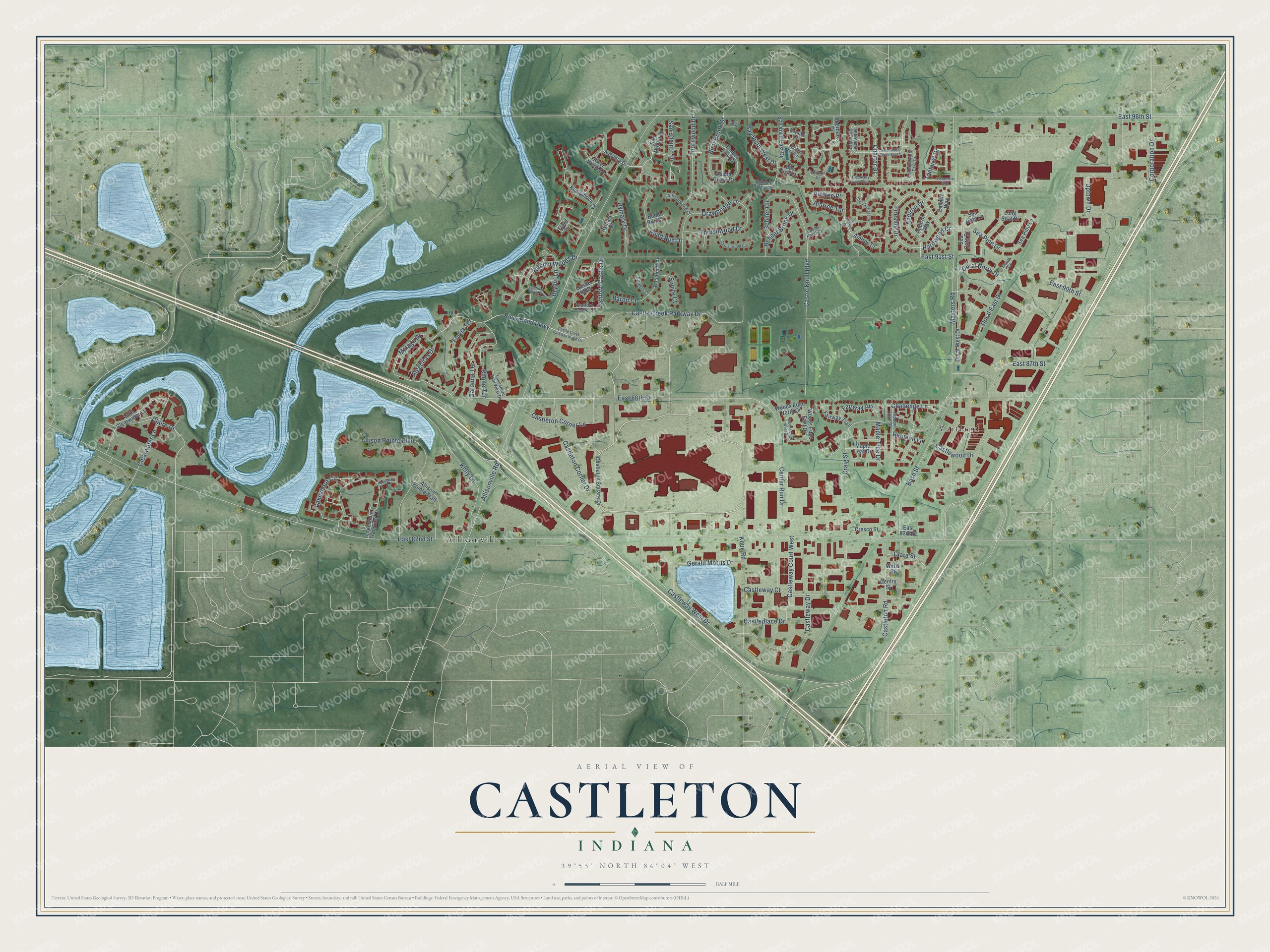 Full map of Castleton, Indiana, with red buildings, printed street names and the land around them