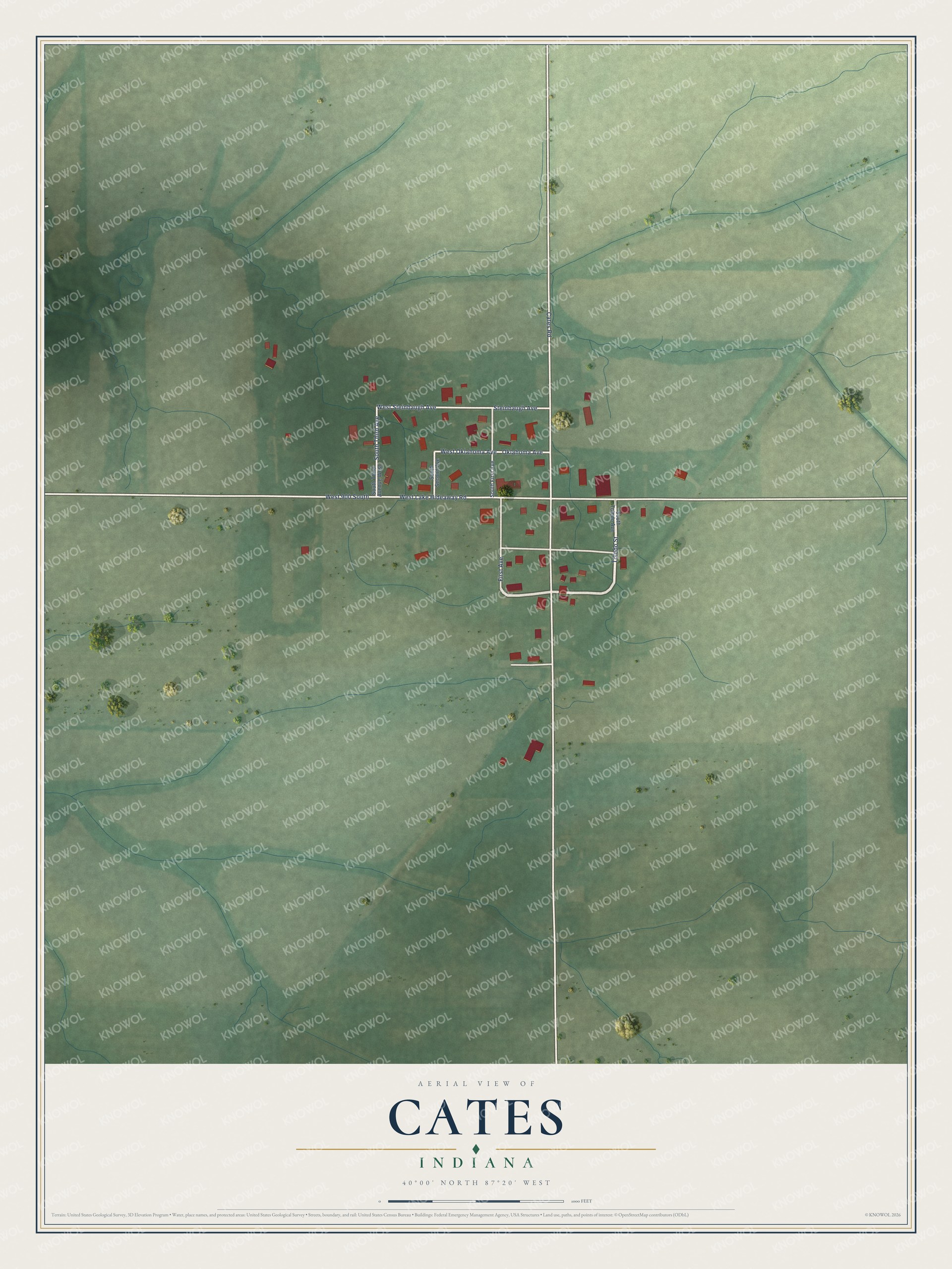 Full map of Cates, Indiana, with red buildings, printed street names and the land around them