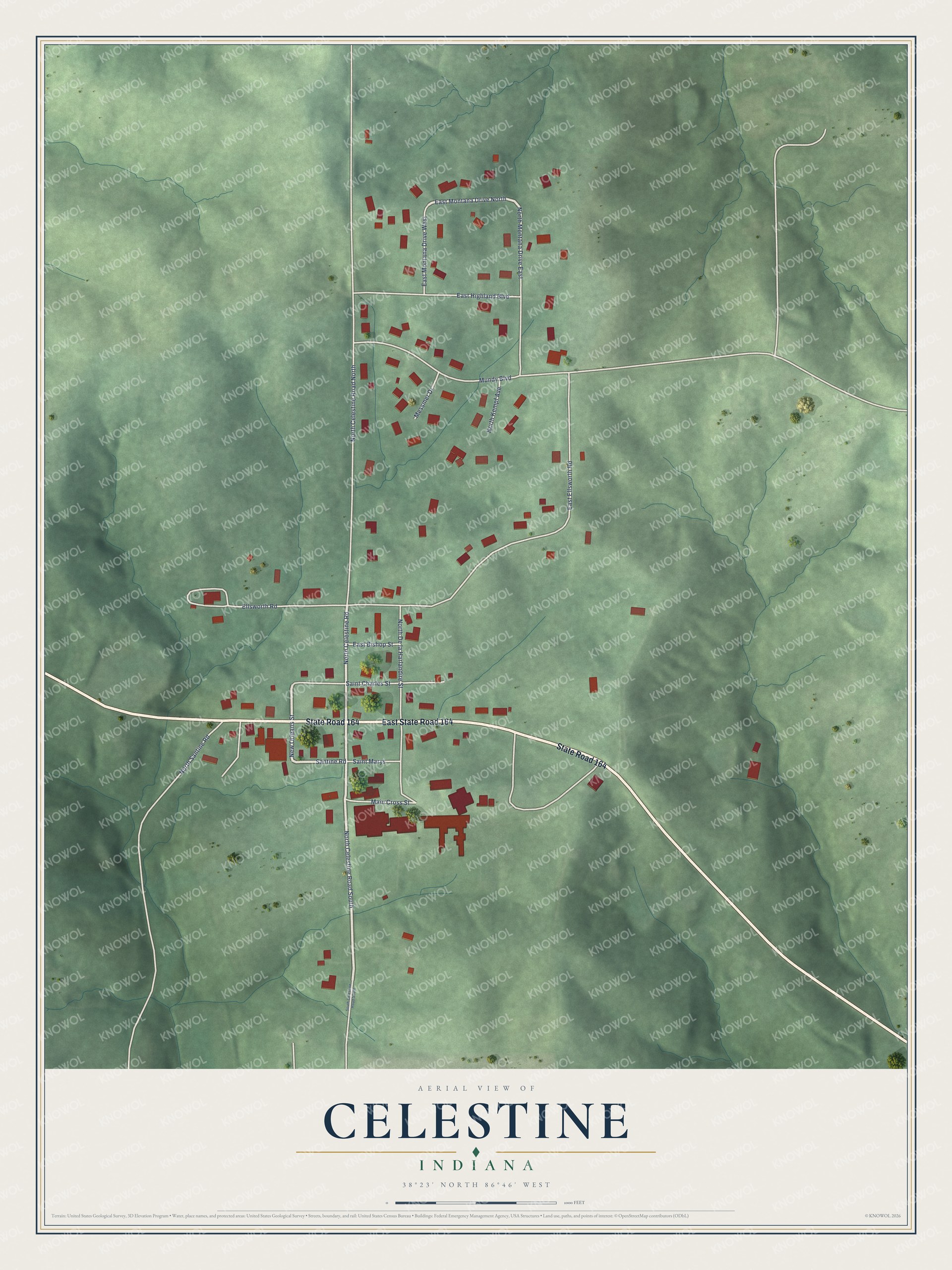 Full map of Celestine, Indiana, with red buildings, printed street names and the land around them