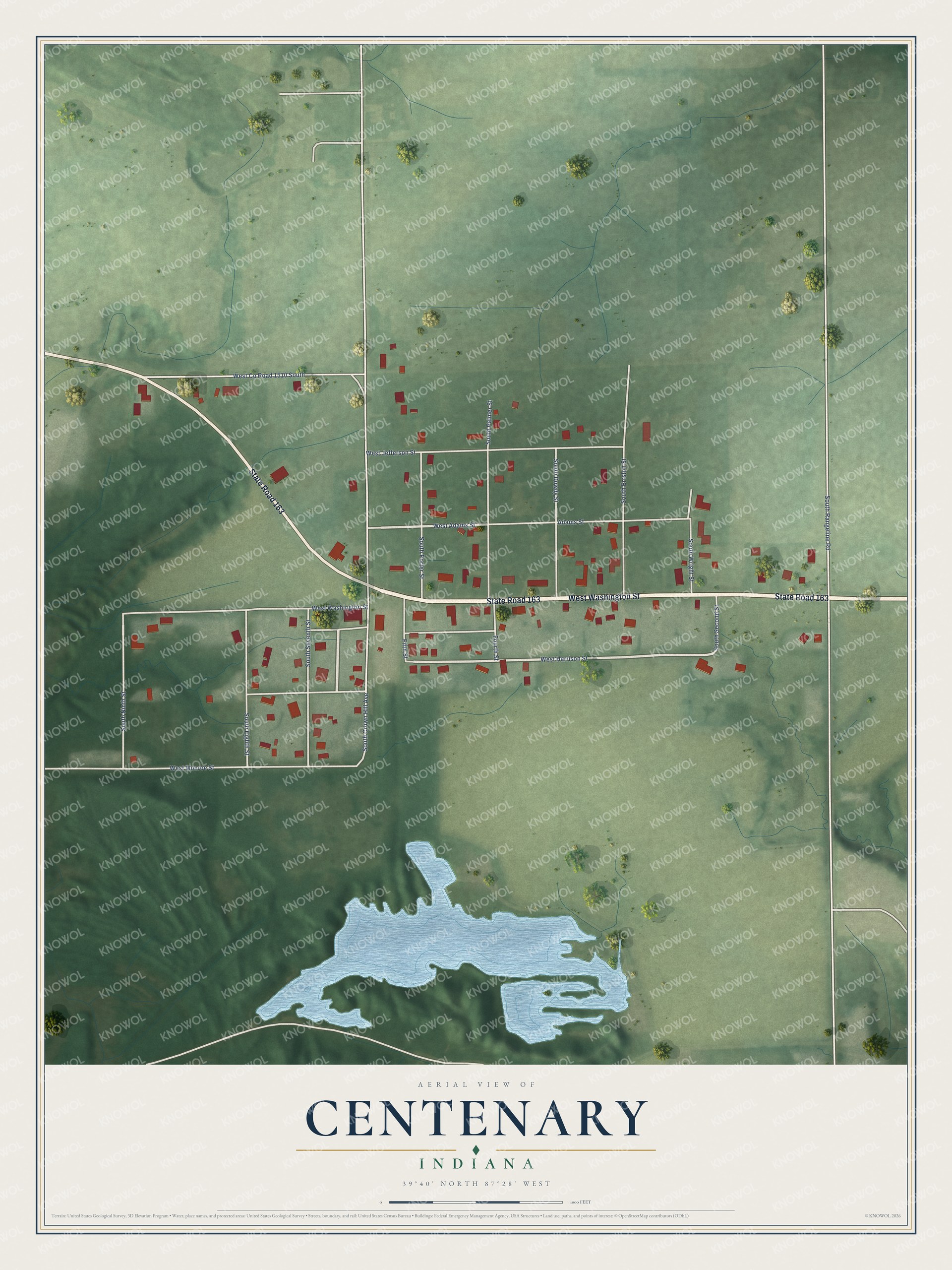 Full map of Centenary, Indiana, with red buildings, printed street names and the land around them