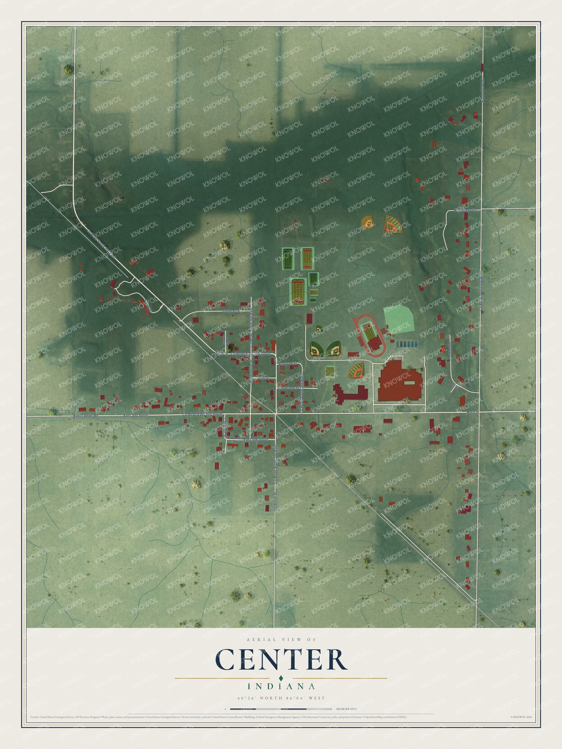 Full map of Center, Indiana, with red buildings, printed street names and the land around them