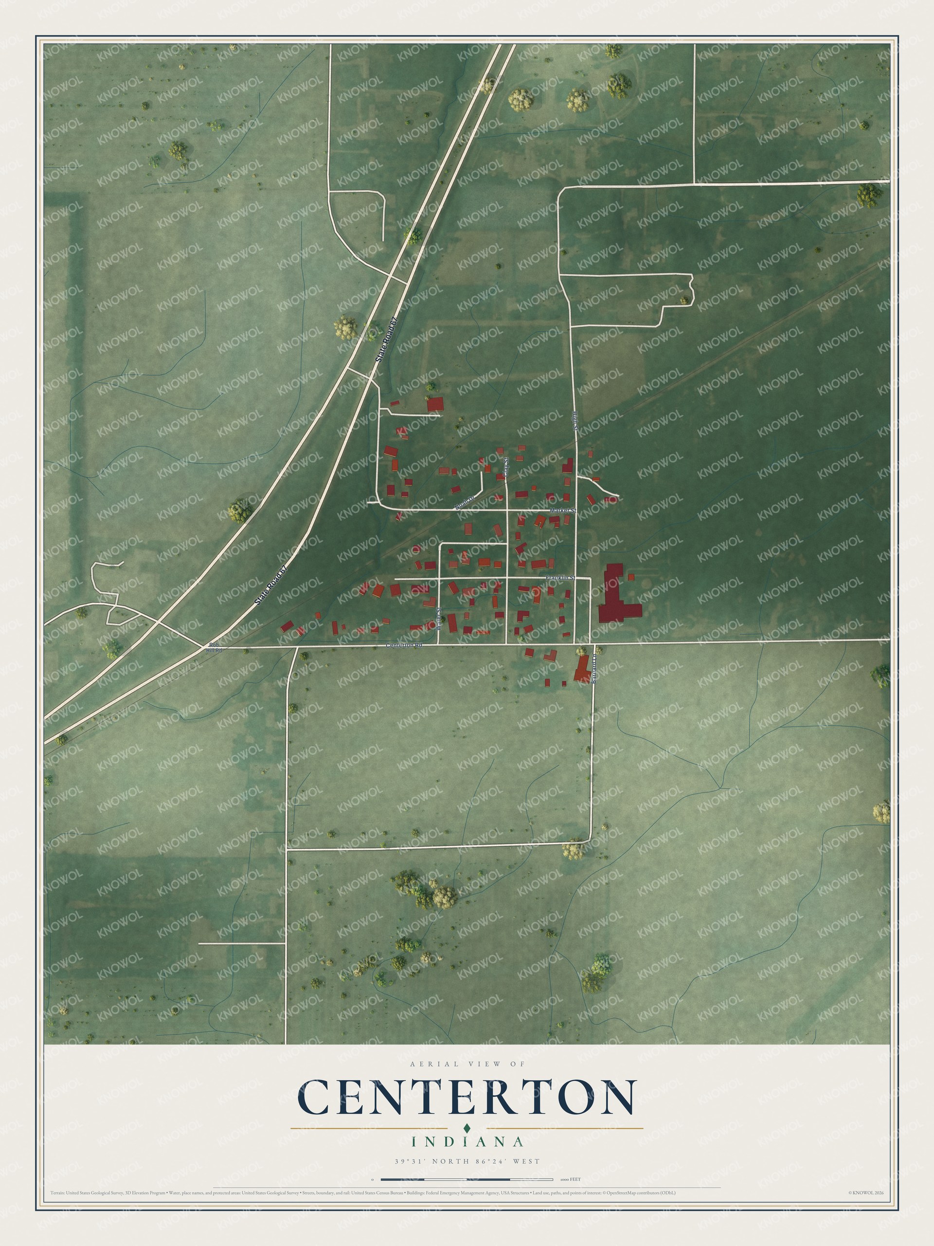 Full map of Centerton, Indiana, with red buildings, printed street names and the land around them