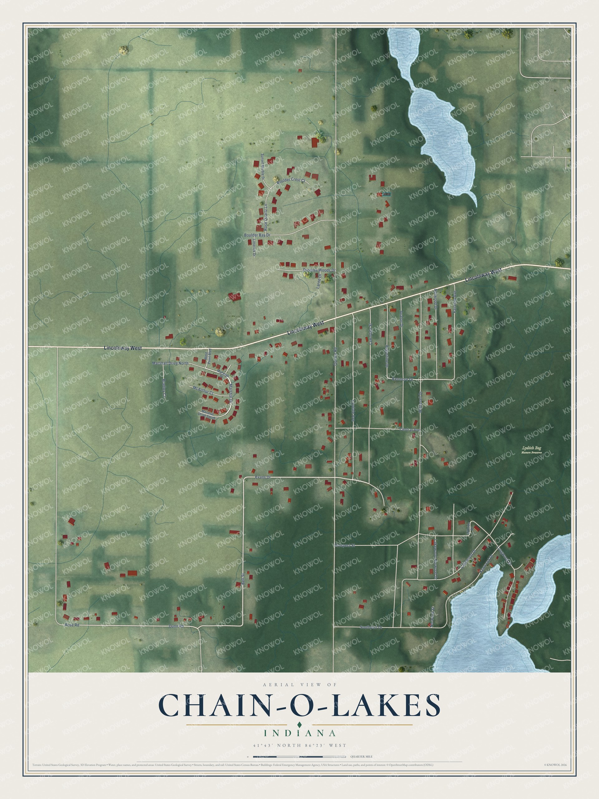 Full map of Chain-O-Lakes, Indiana, with red buildings, printed street names and the land around them