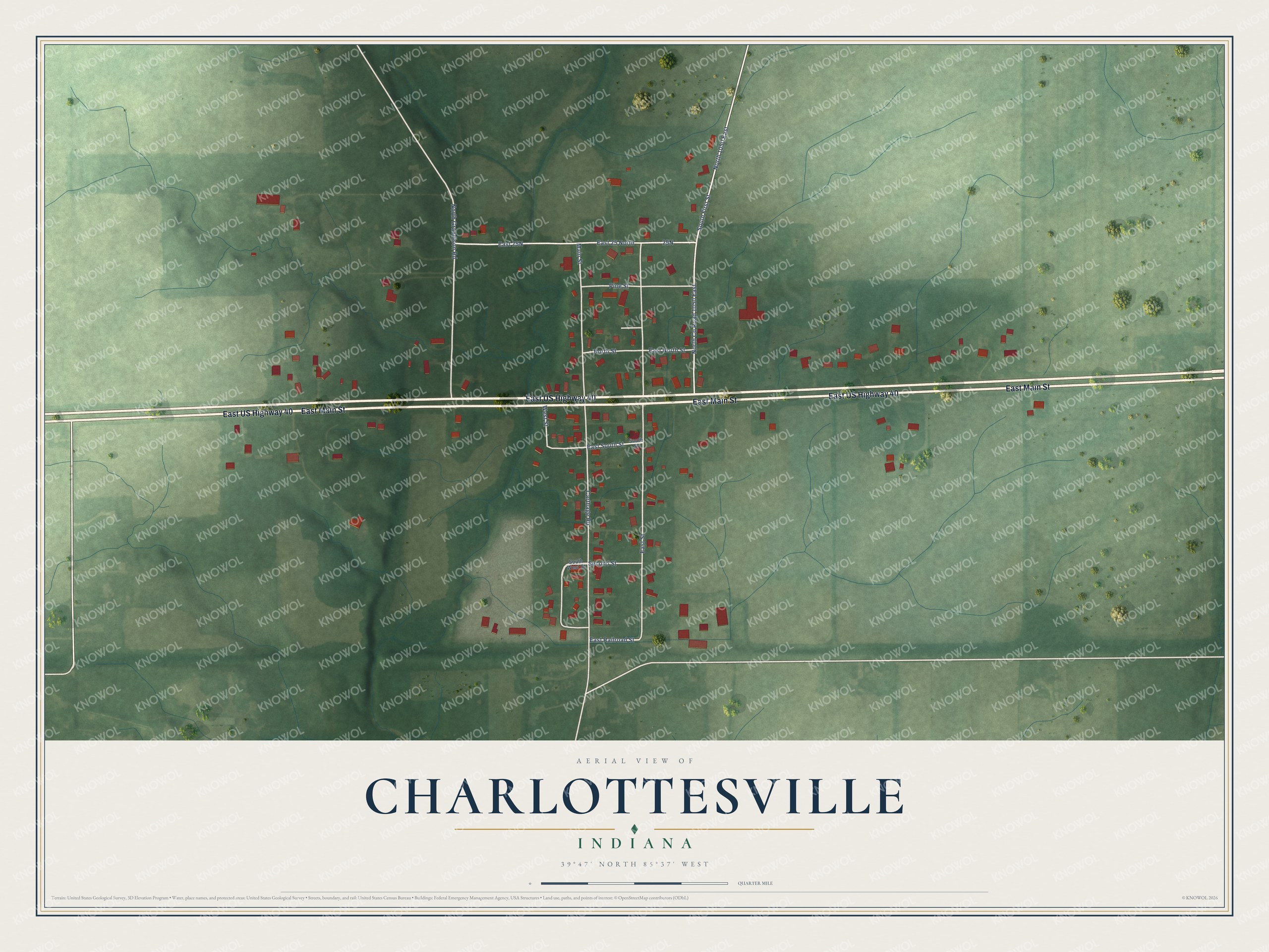 Full map of Charlottesville, Indiana, with red buildings, printed street names and the land around them