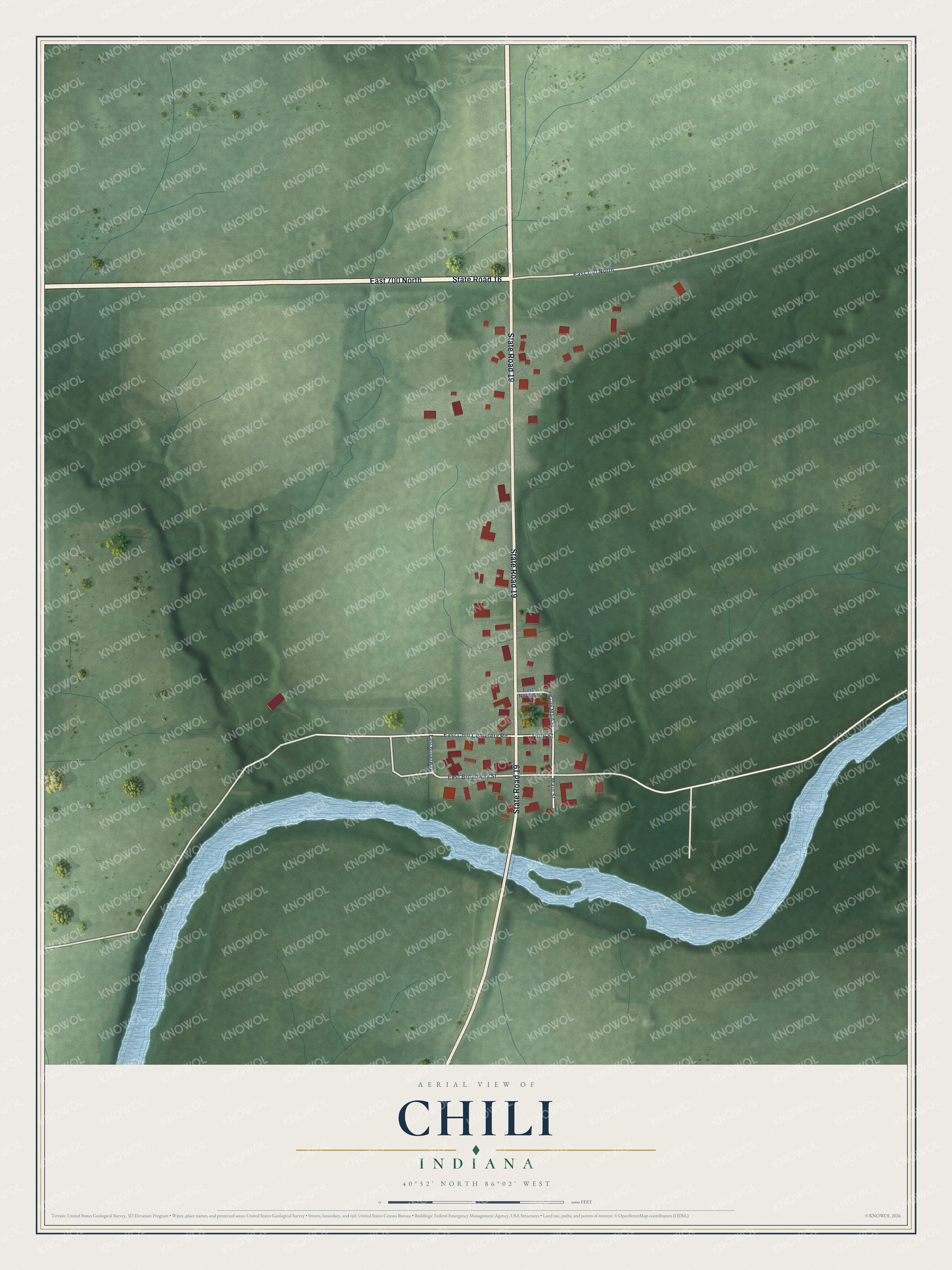Full map of Chili, Indiana, with red buildings, printed street names and the land around them