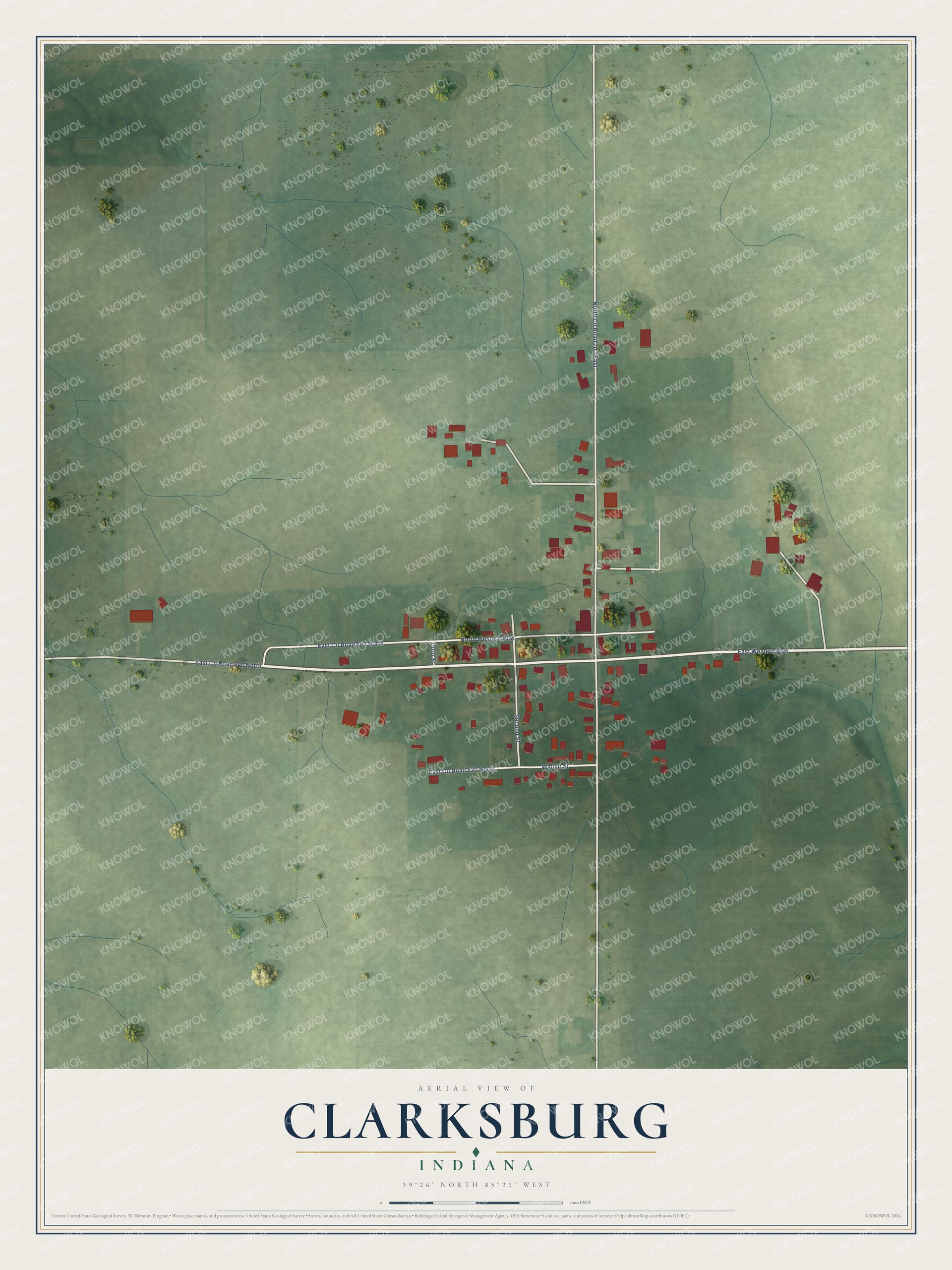 Full map of Clarksburg, Indiana, with red buildings, printed street names and the land around them