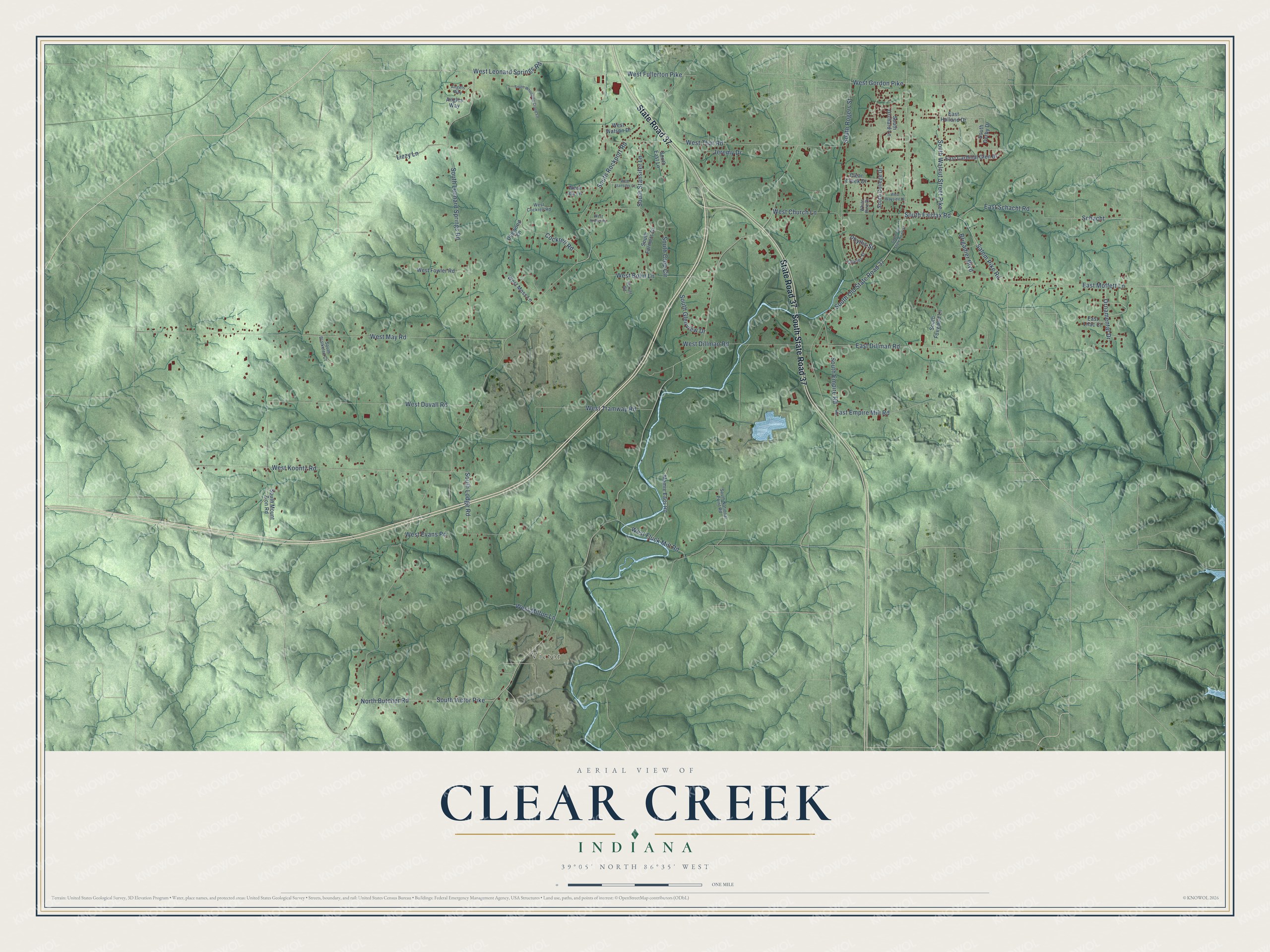 Full map of Clear Creek, Indiana, with red buildings, printed street names and the land around them