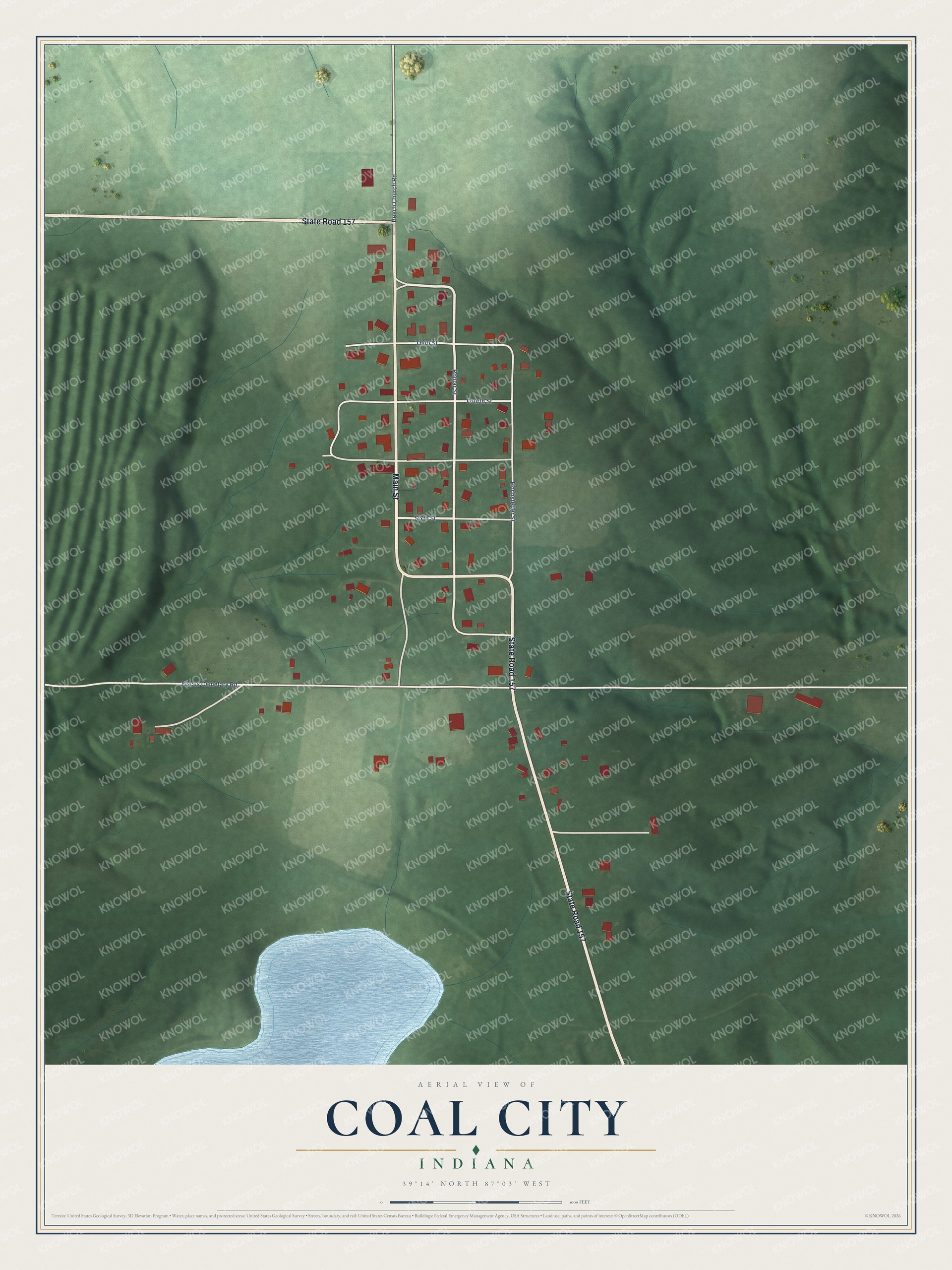 Full map of Coal City, Indiana, with red buildings, printed street names and the land around them