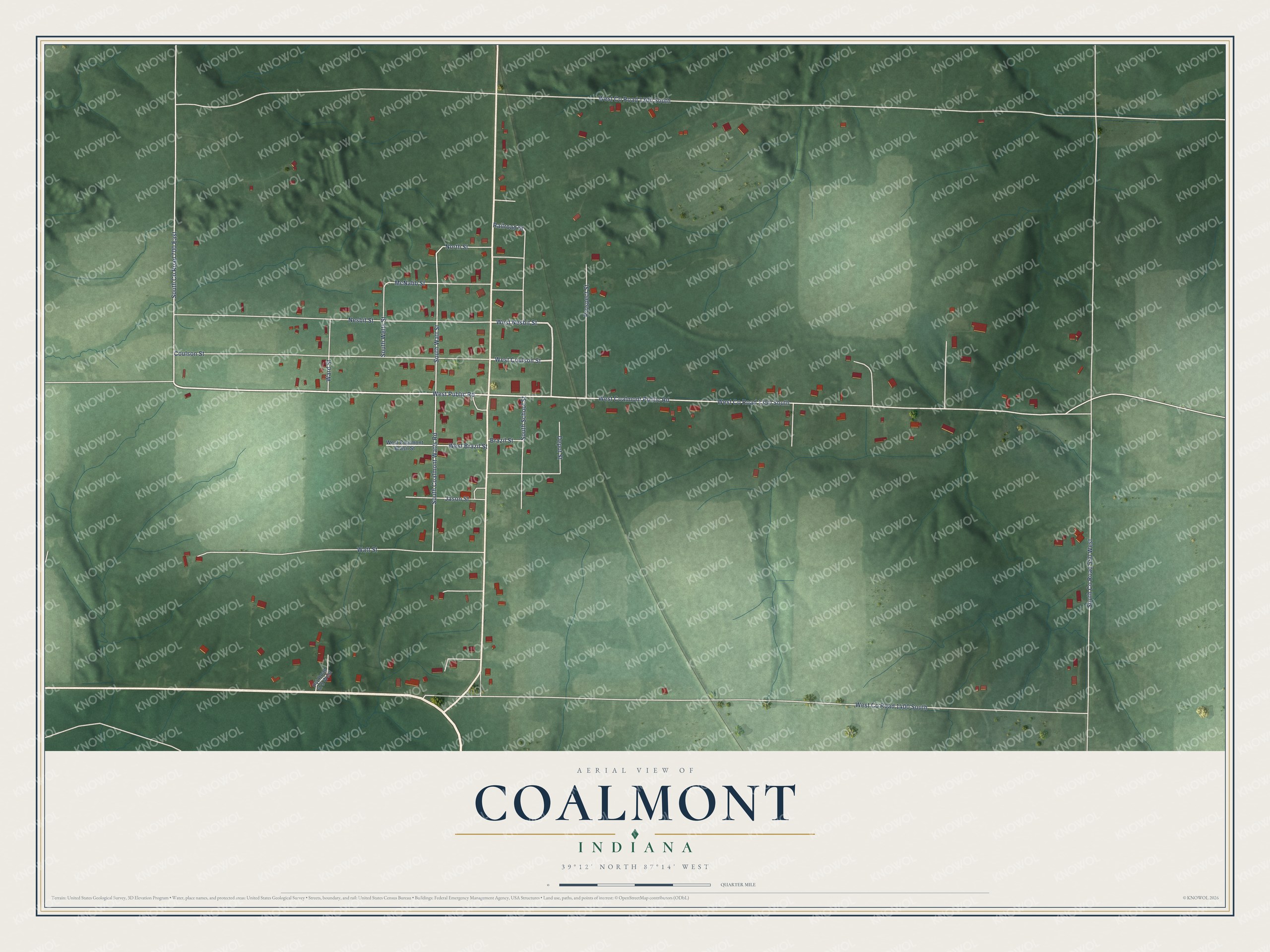 Full map of Coalmont, Indiana, with red buildings, printed street names and the land around them