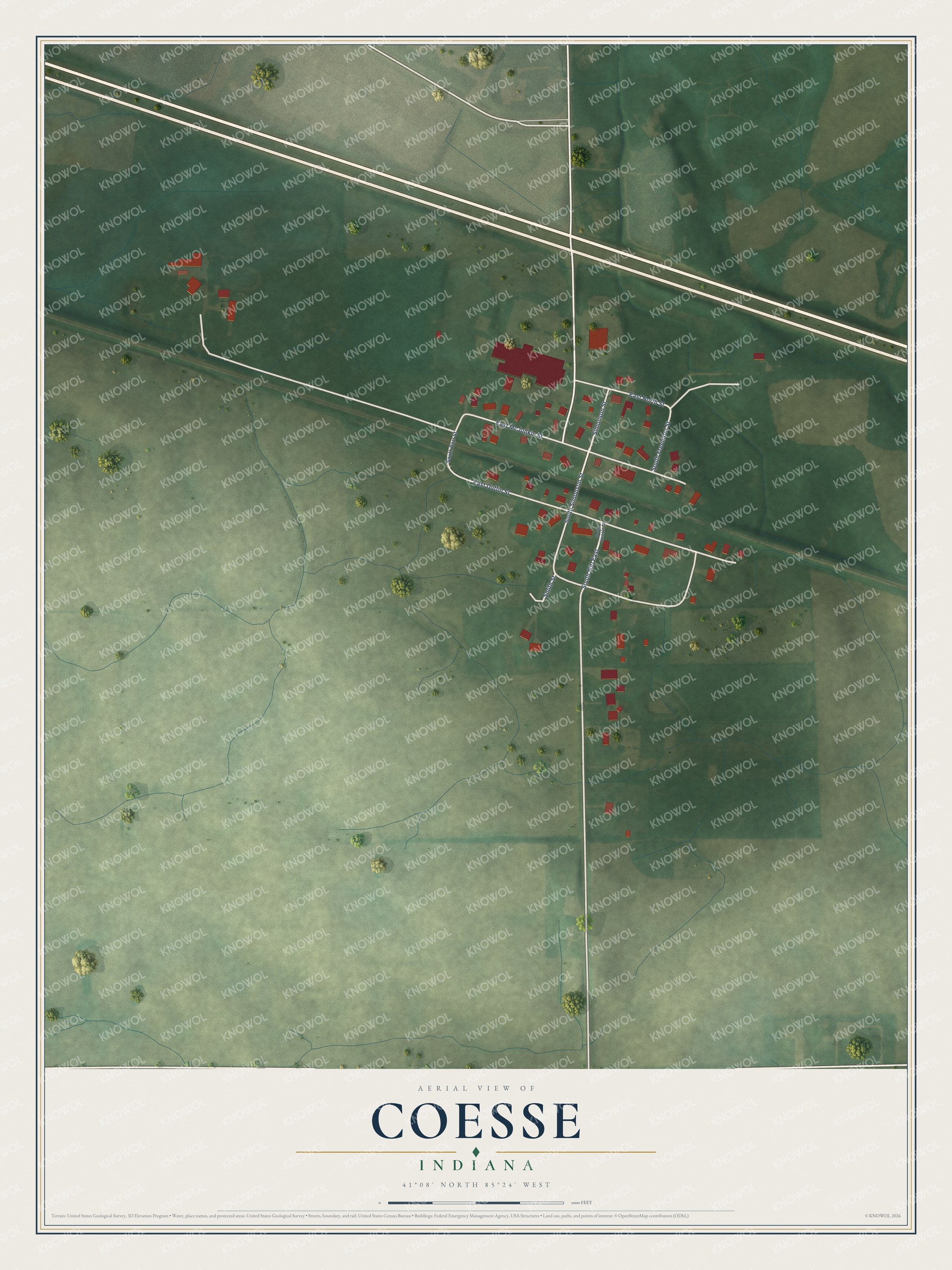 Full map of Coesse, Indiana, with red buildings, printed street names and the land around them