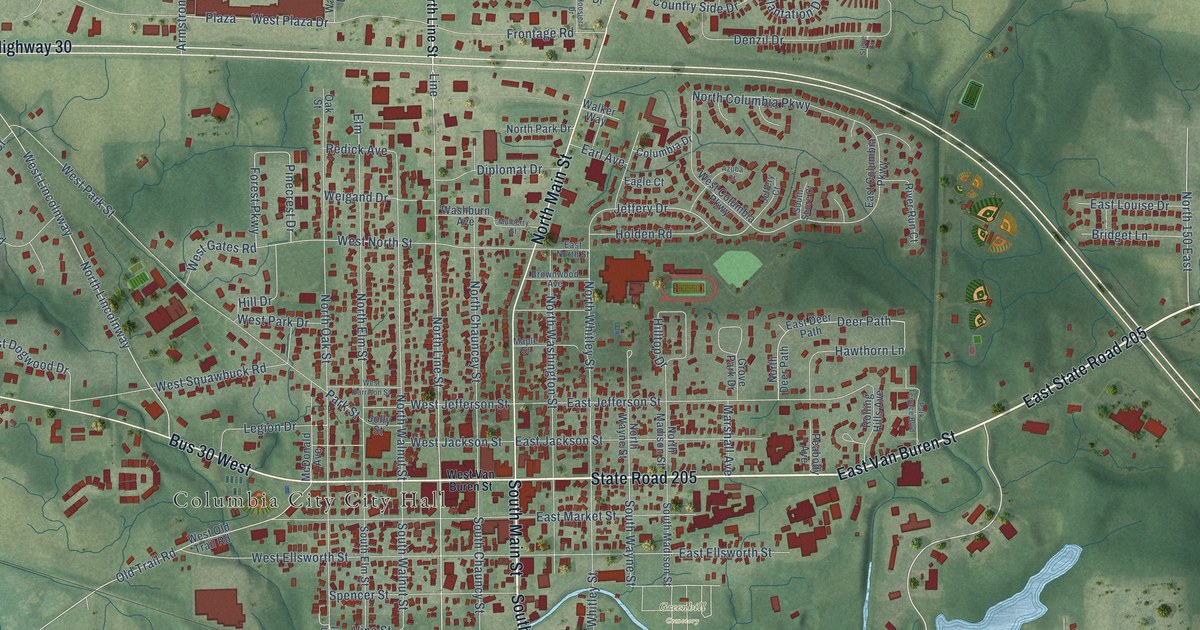 Map of Columbia City, Indiana in 2026