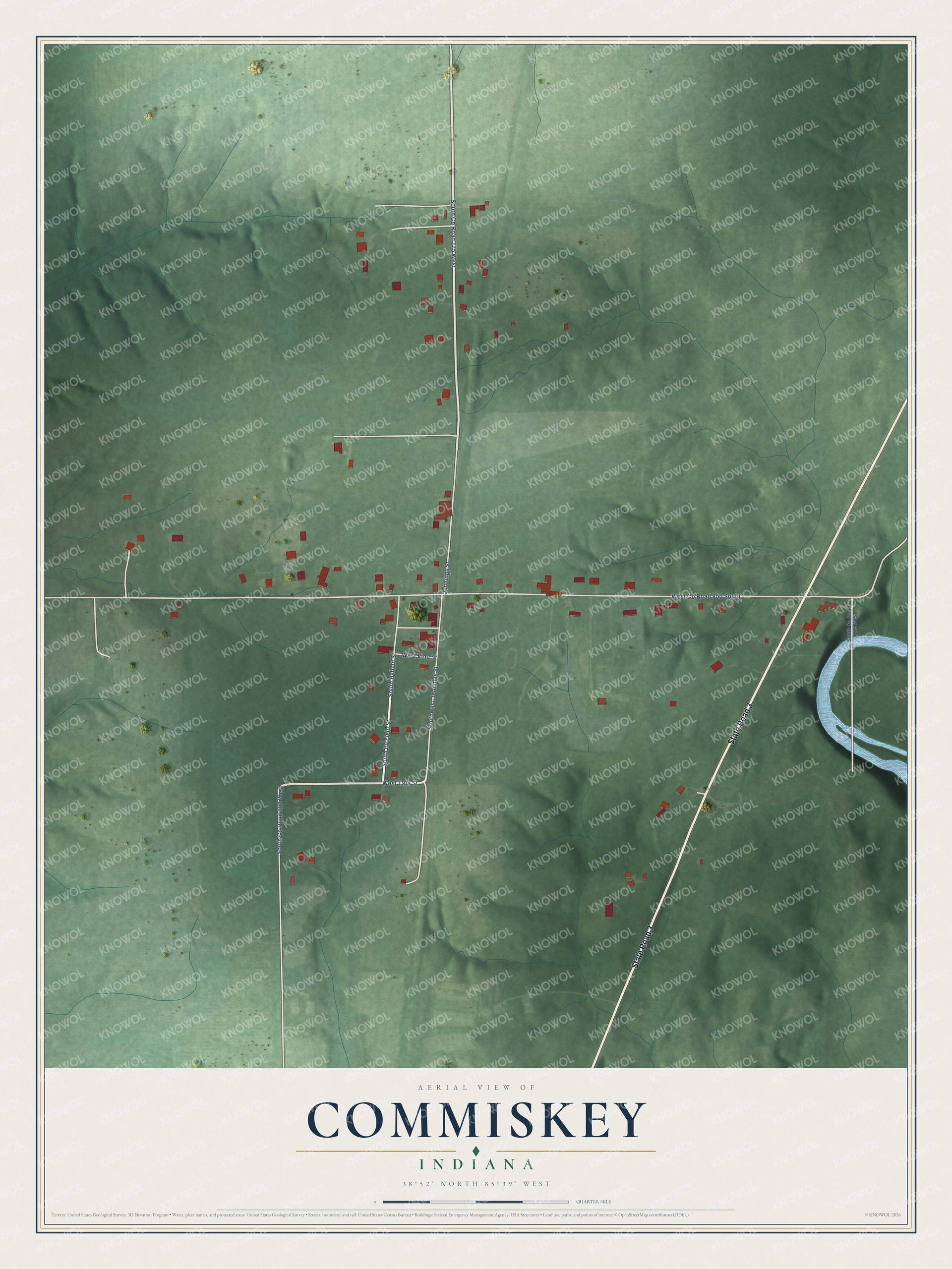 Full map of Commiskey, Indiana, with red buildings, printed street names and the land around them