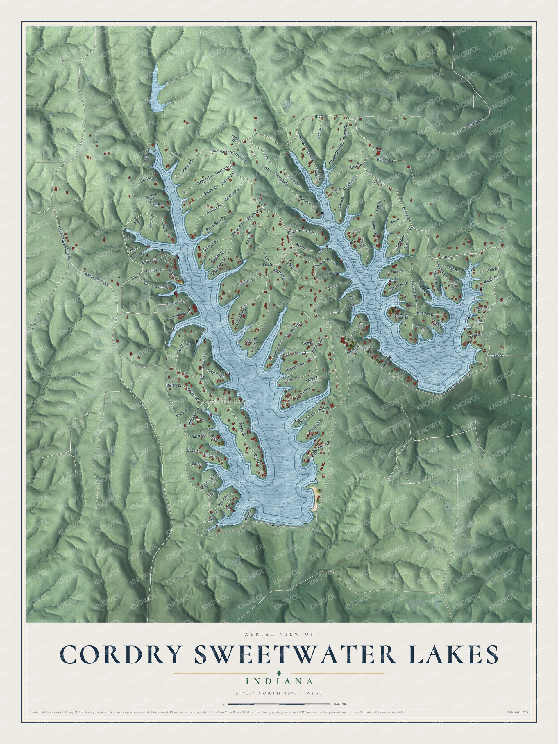 Full map of Cordry Sweetwater Lakes, Indiana, with red buildings, printed street names and the land around them