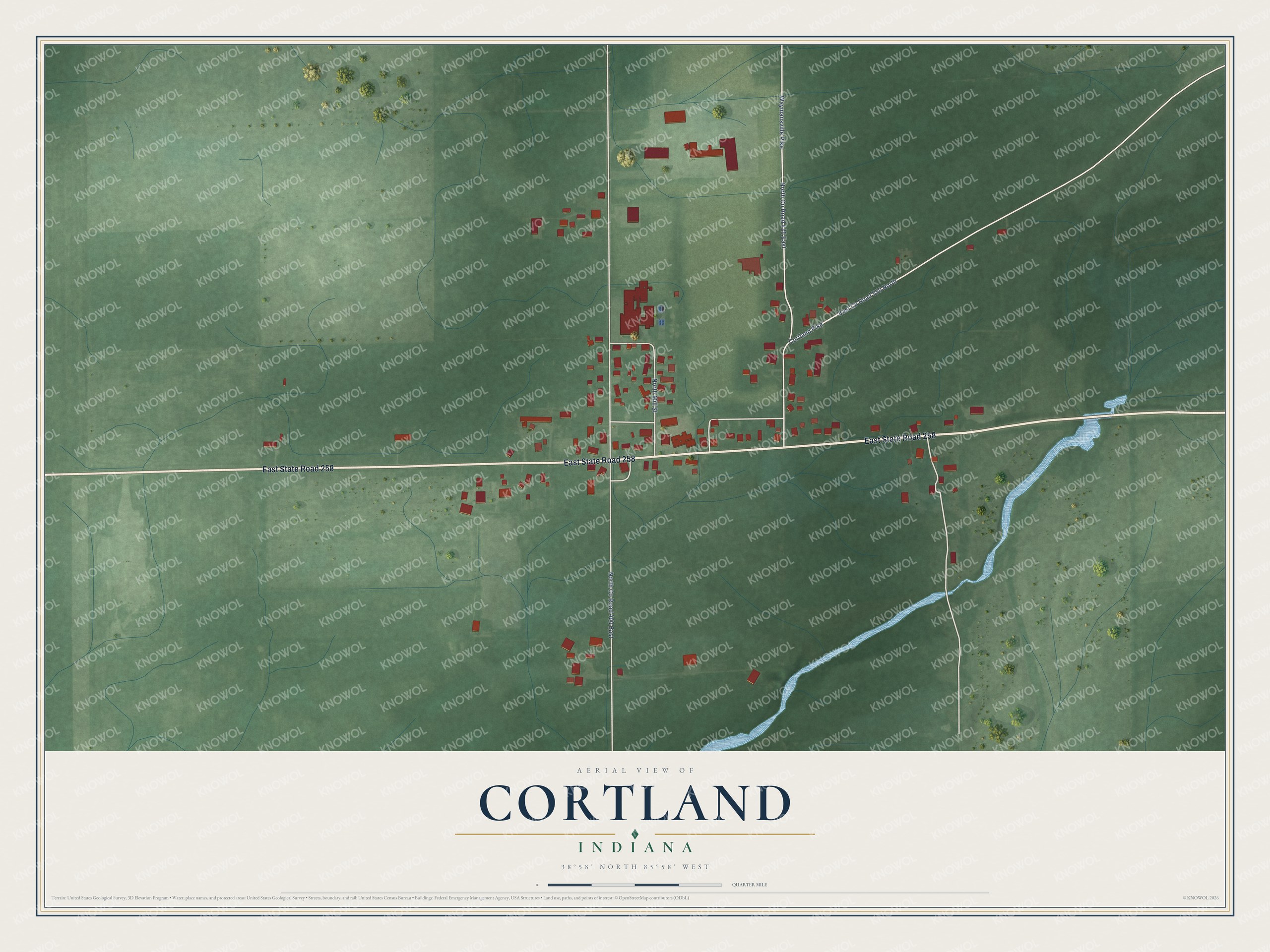 Full map of Cortland, Indiana, with red buildings, printed street names and the land around them