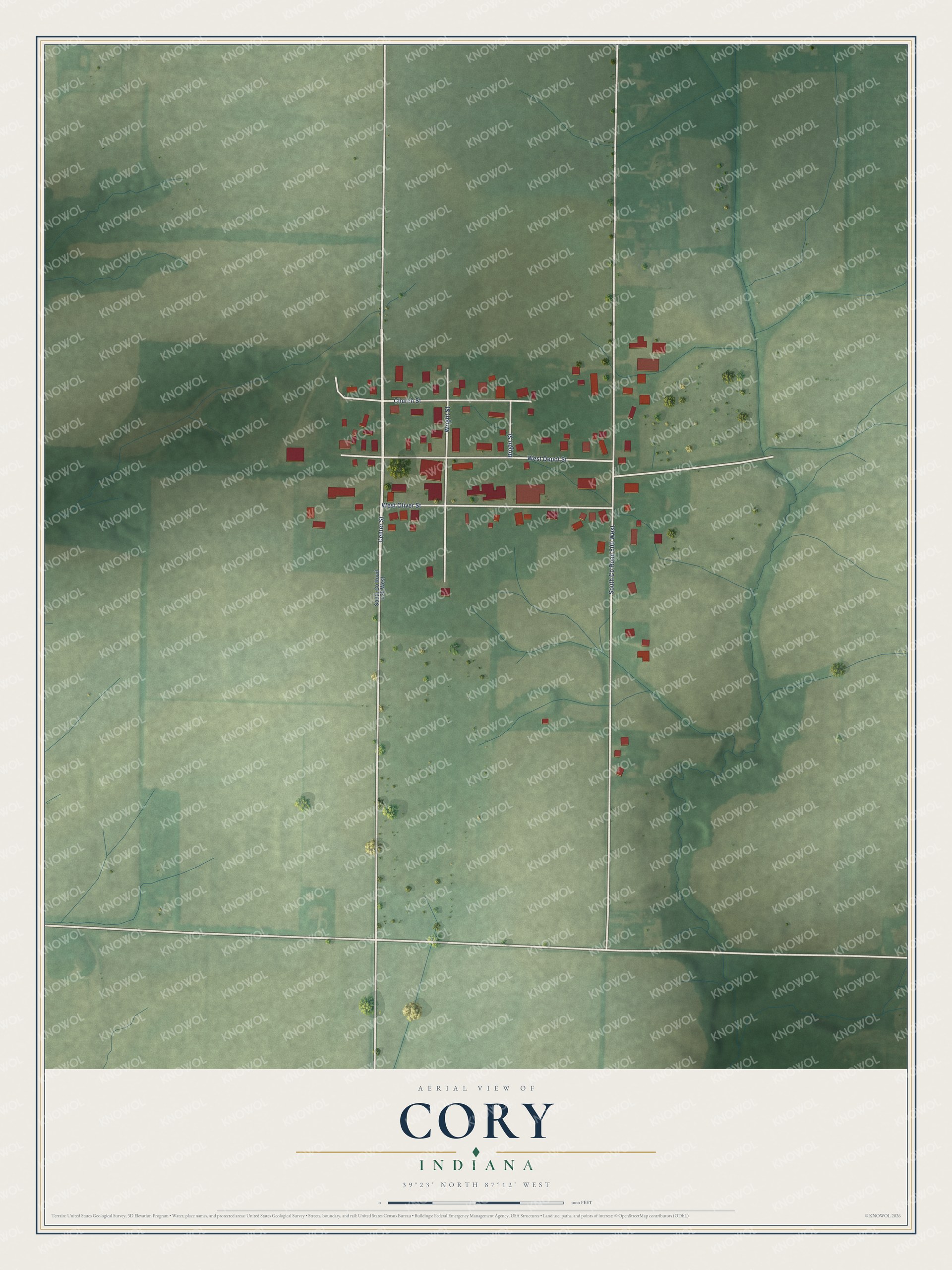 Full map of Cory, Indiana, with red buildings, printed street names and the land around them