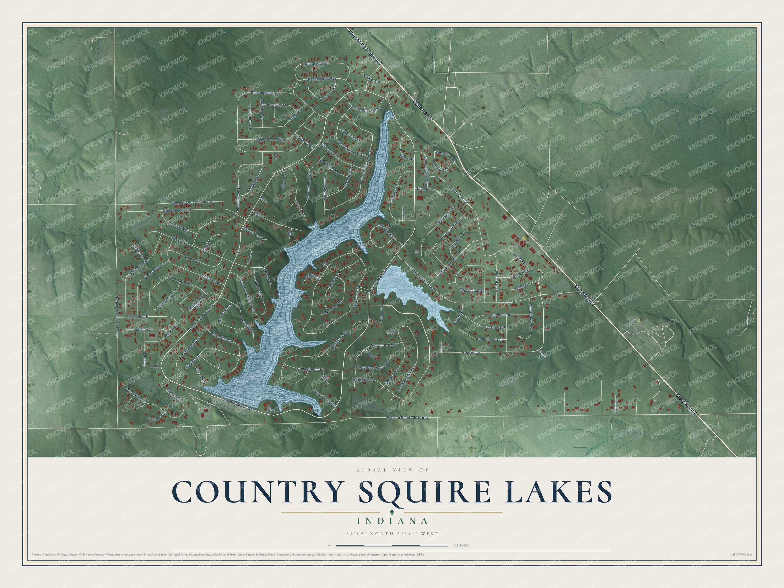 Full map of Country Squire Lakes, Indiana, with red buildings, printed street names and the land around them