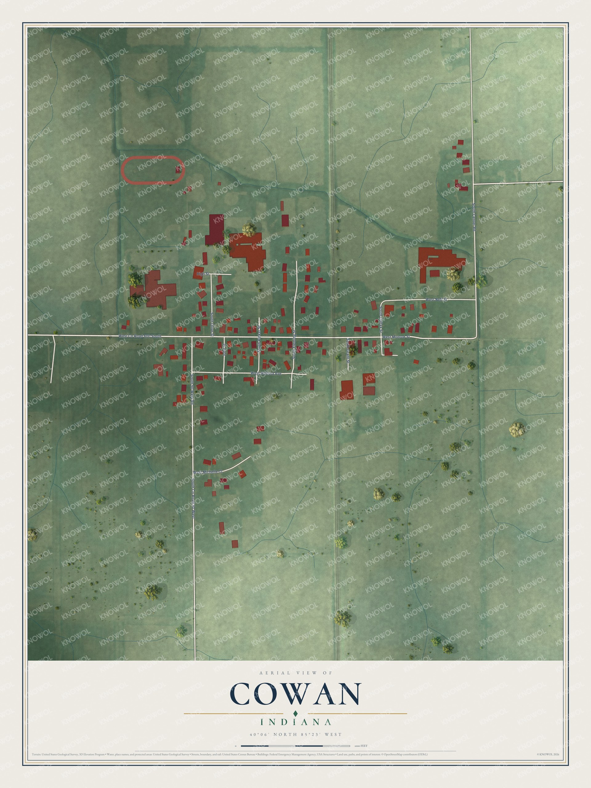 Full map of Cowan, Indiana, with red buildings, printed street names and the land around them