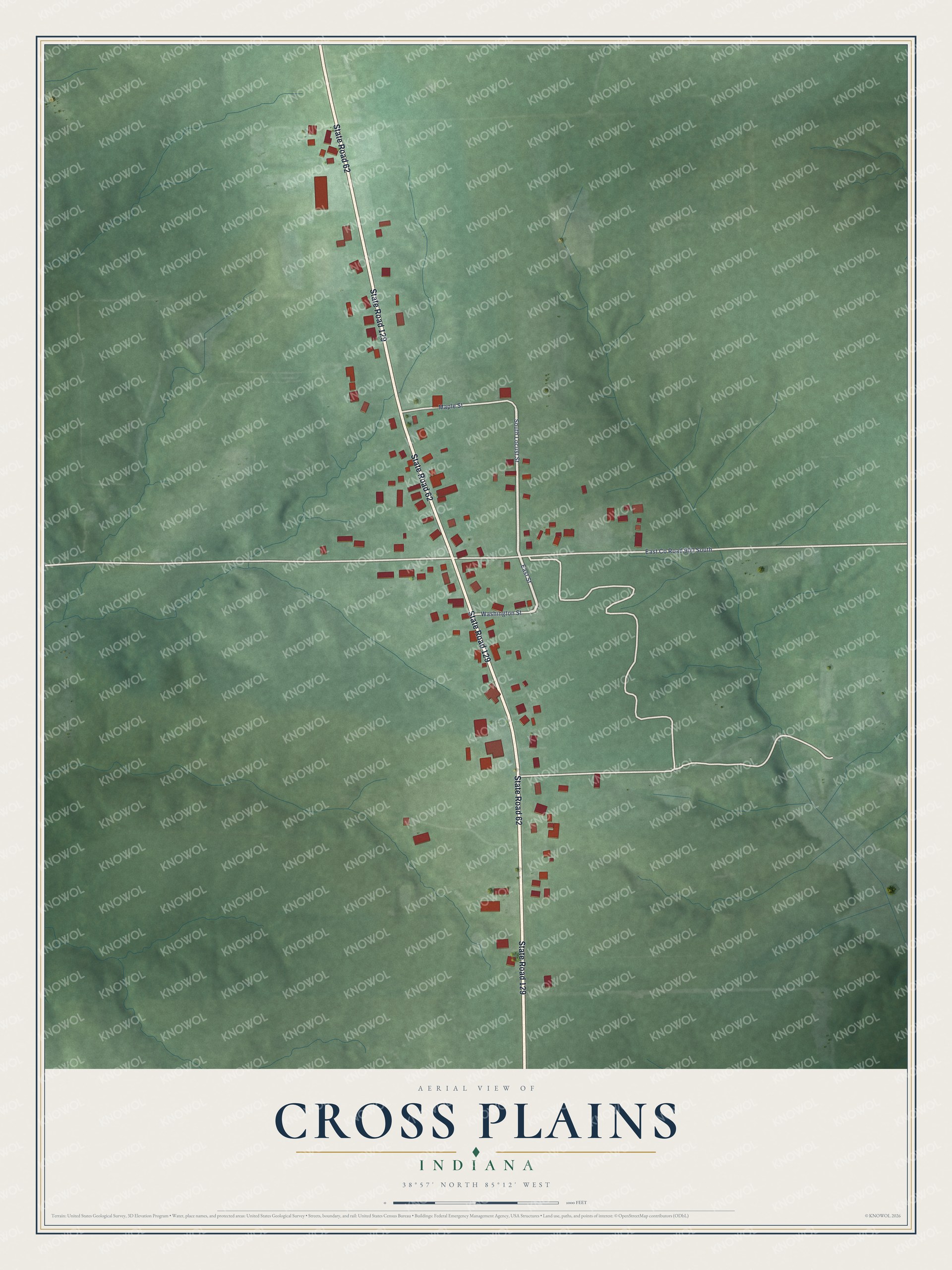 Full map of Cross Plains, Indiana, with red buildings, printed street names and the land around them