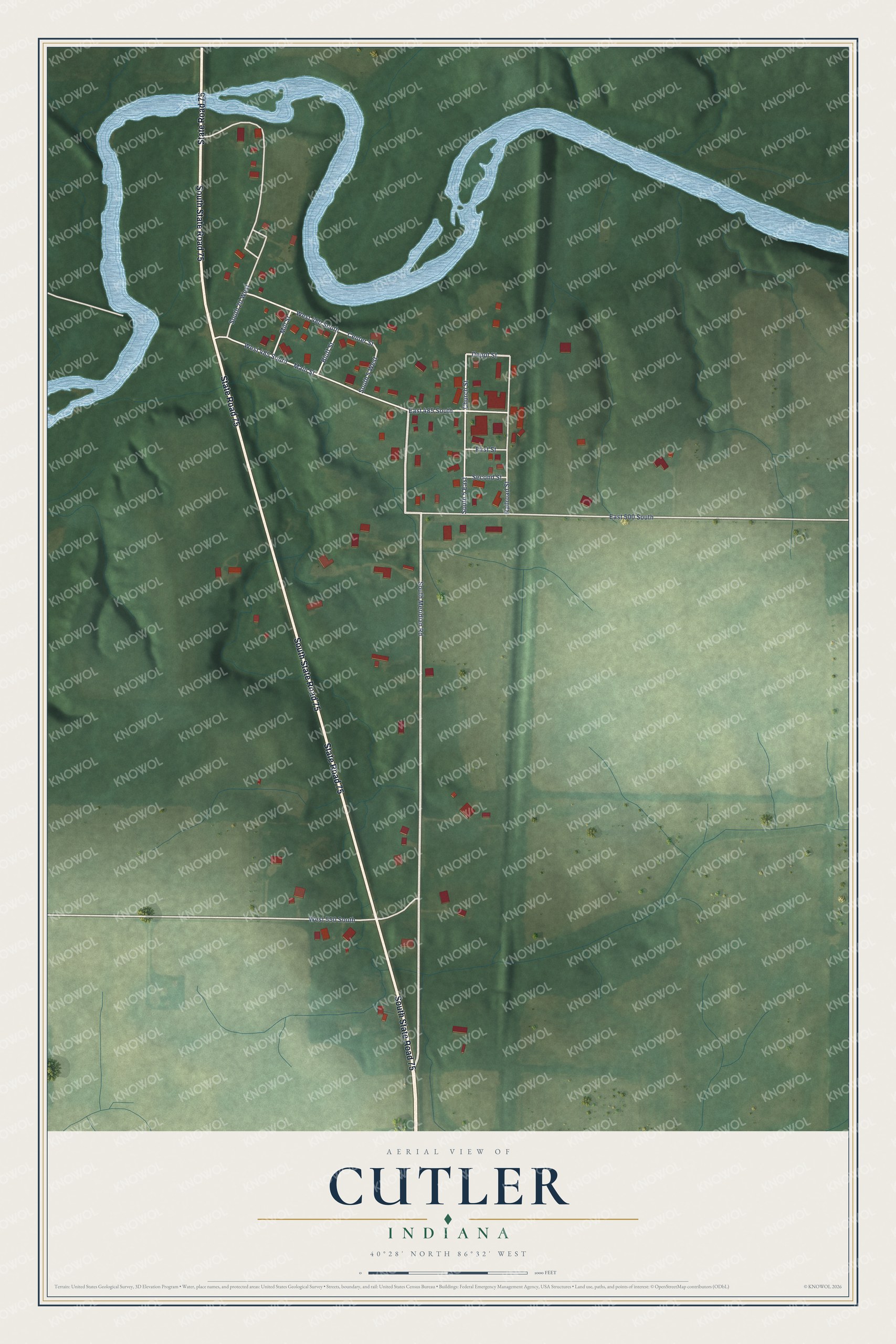 Full map of Cutler, Indiana, with red buildings, printed street names and the land around them