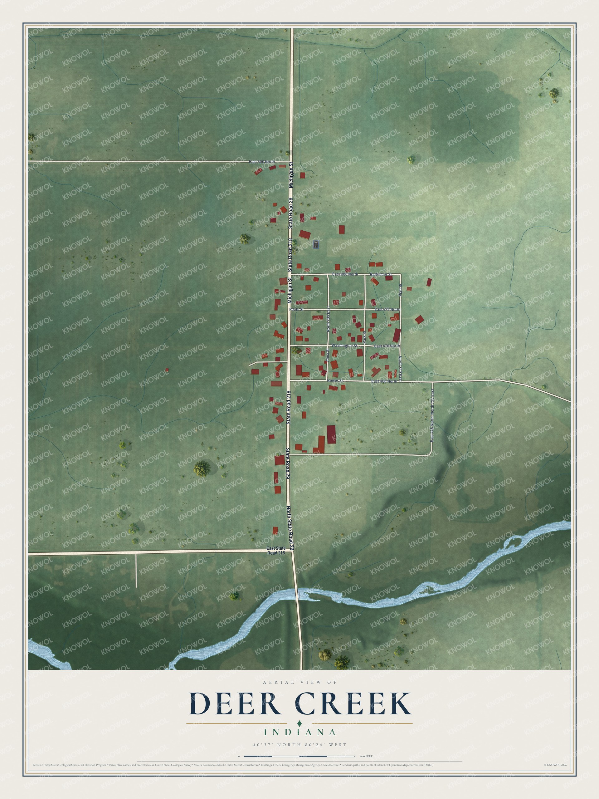 Full map of Deer Creek, Indiana, with red buildings, printed street names and the land around them