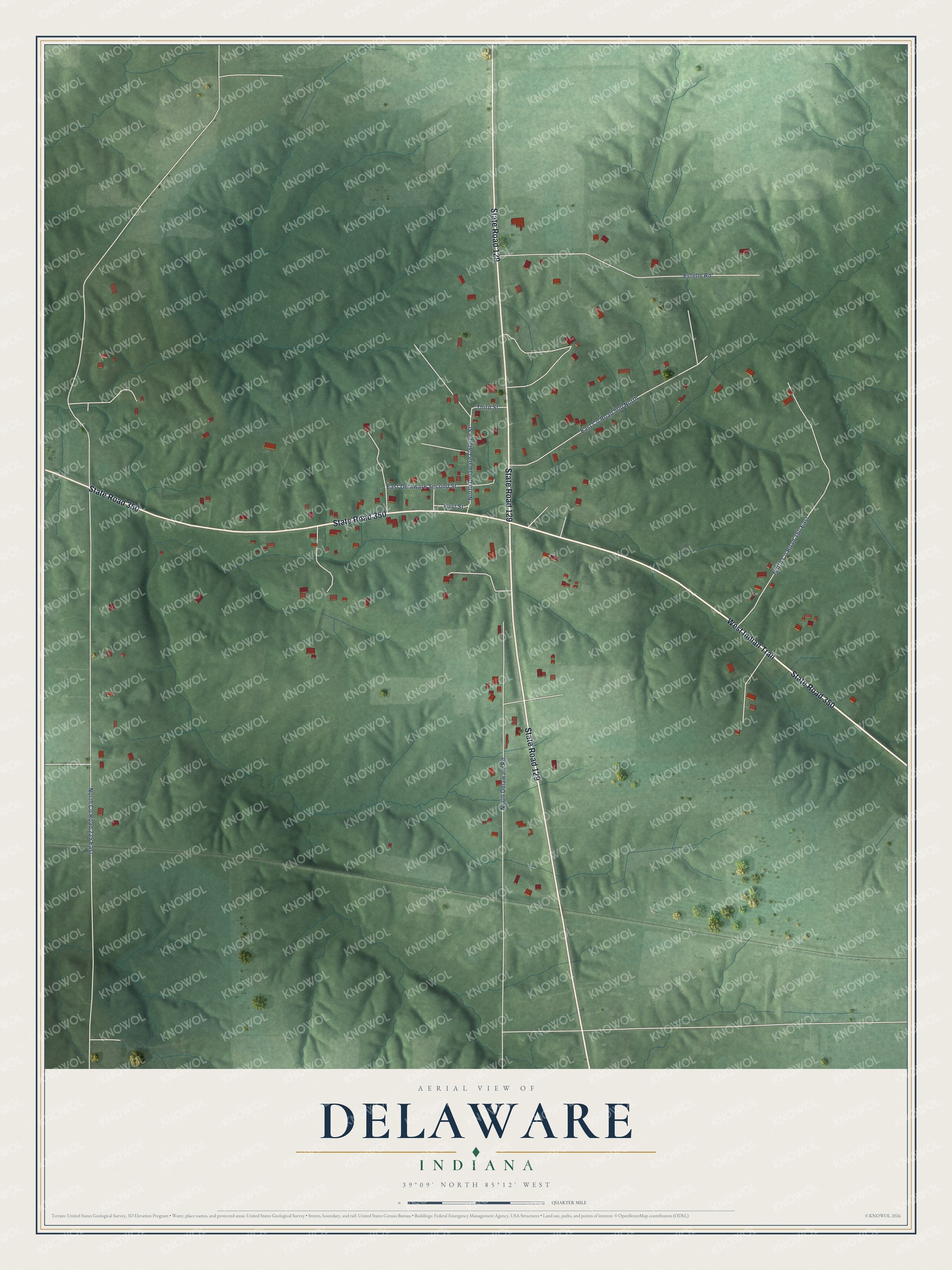 Full map of Delaware, Indiana, with red buildings, printed street names and the land around them