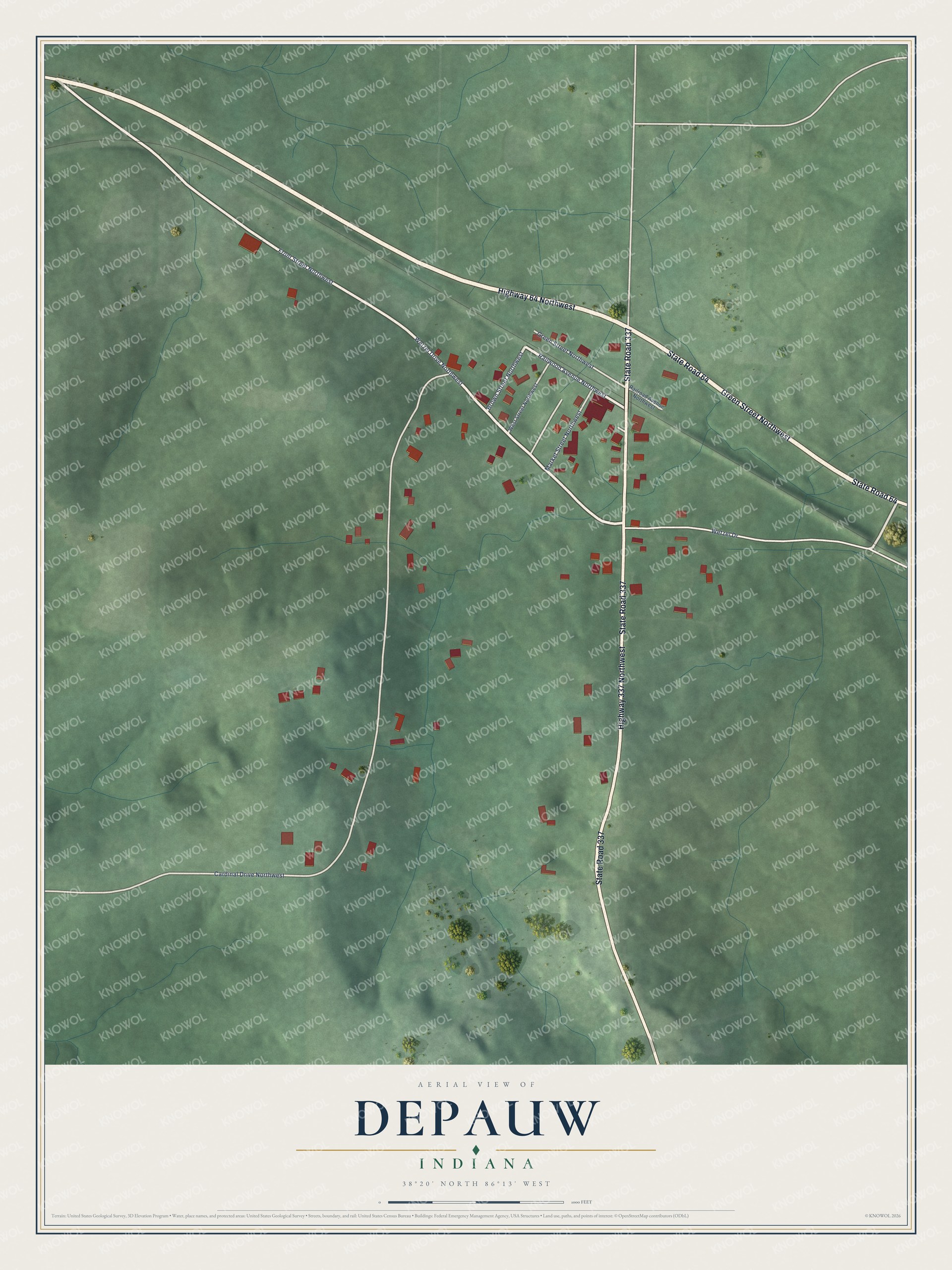 Full map of Depauw, Indiana, with red buildings, printed street names and the land around them