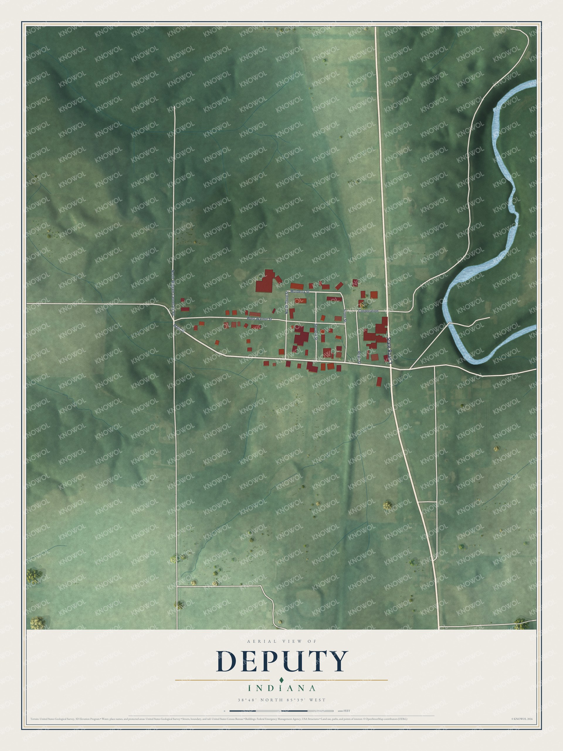 Full map of Deputy, Indiana, with red buildings, printed street names and the land around them