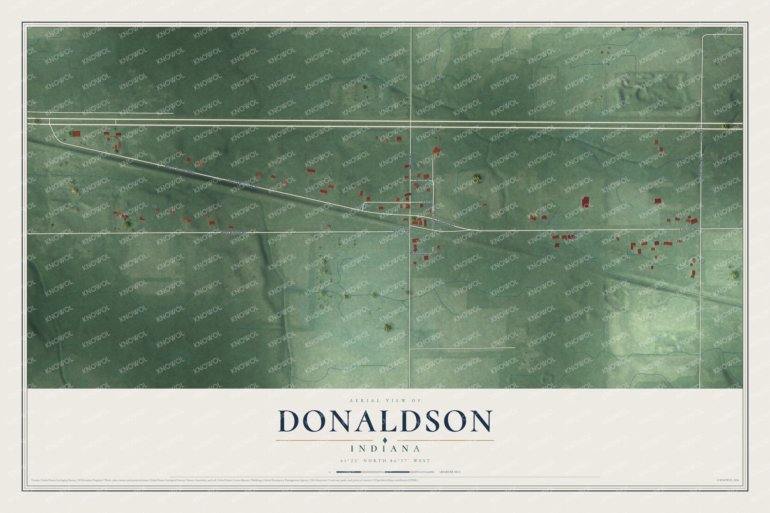 Full map of Donaldson, Indiana, with red buildings, printed street names and the land around them