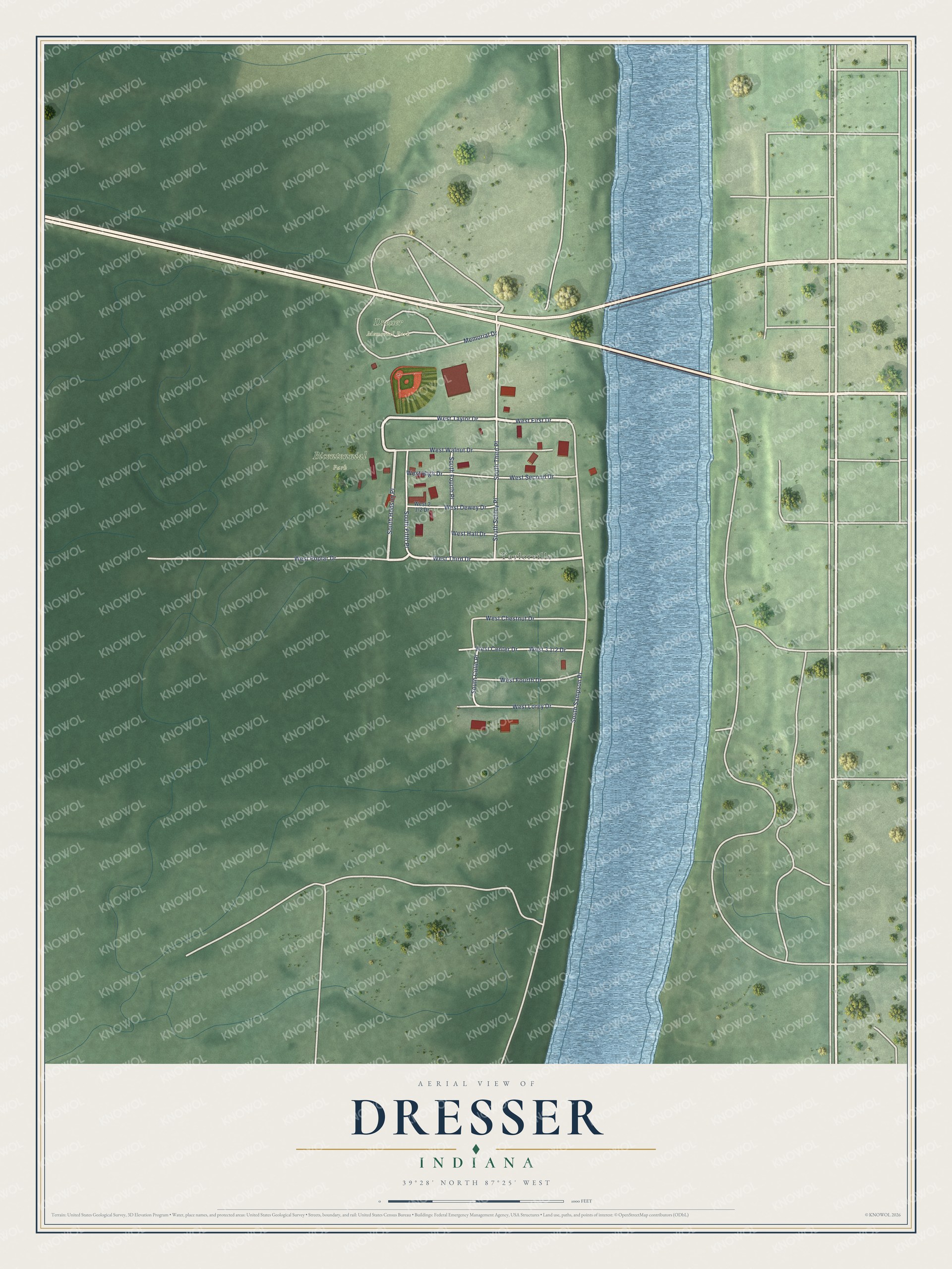 Full map of Dresser, Indiana, with red buildings, printed street names and the land around them