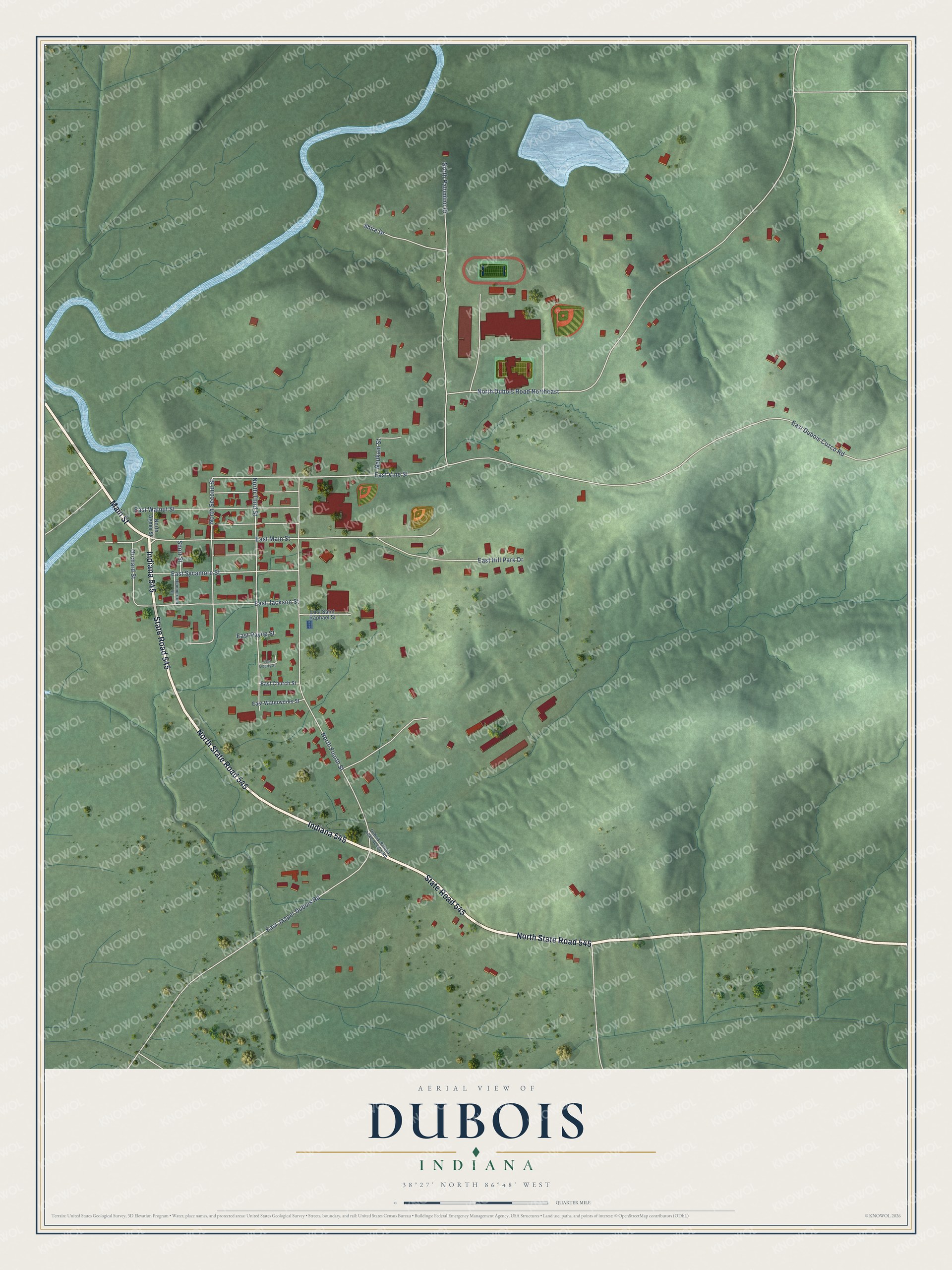Full map of Dubois, Indiana, with red buildings, printed street names and the land around them